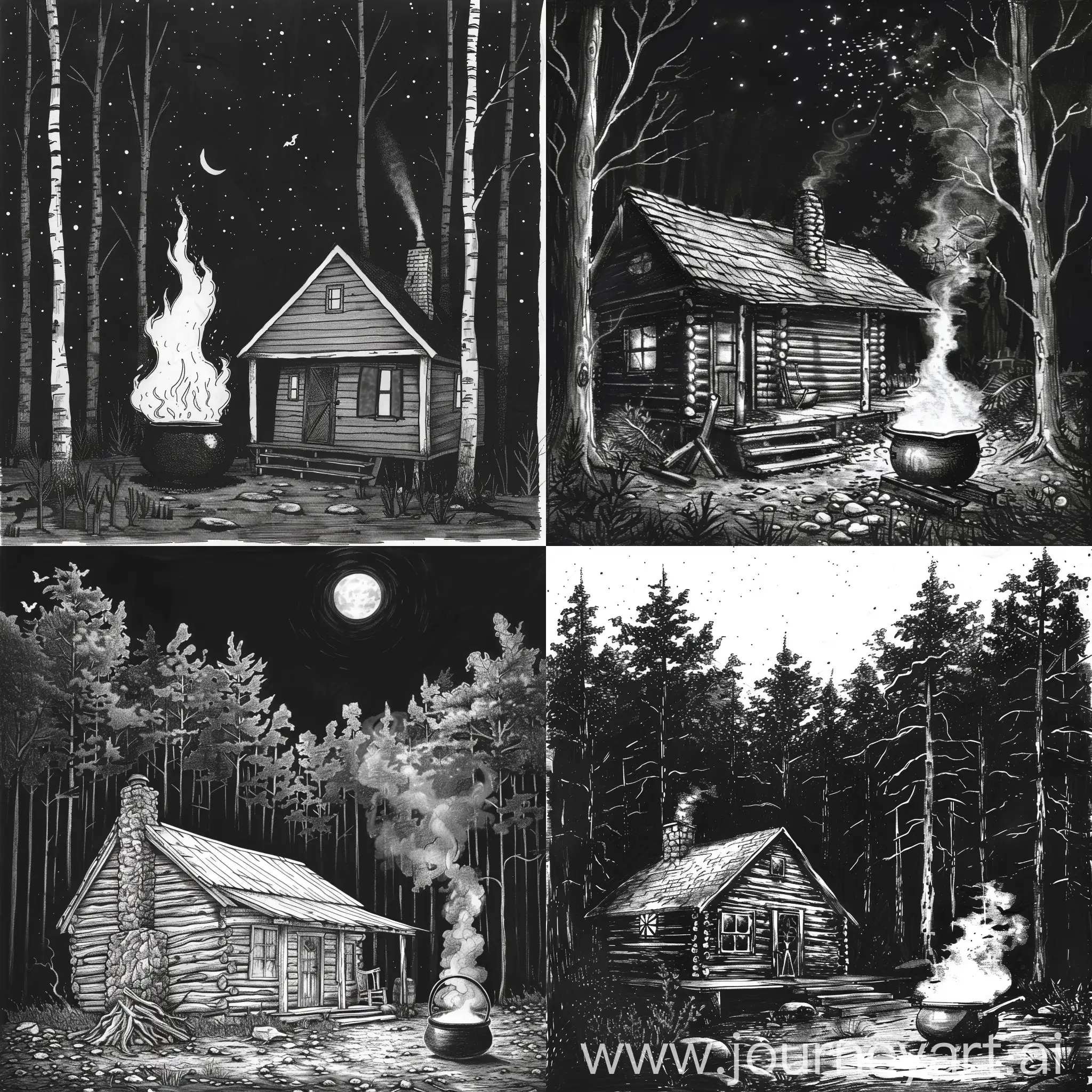 a spooky cabin in the woods at night with a boiling cauldron out front drawn in black and white sketch 8k
