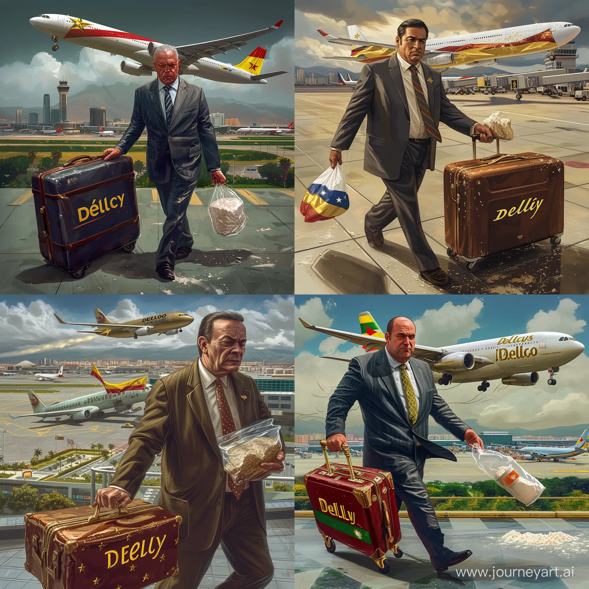 José Luis Ábalos, former ministry, in Grand Theft Auto style, showing the Madrid Airport at the background and a plane decorated with the flag of Venezuela taking off, while he carries a suitcase with the word "Delcy" written in golden letters on the suitcase in one hand an holds a very small hand-size transparent plastic bag of flour in the other