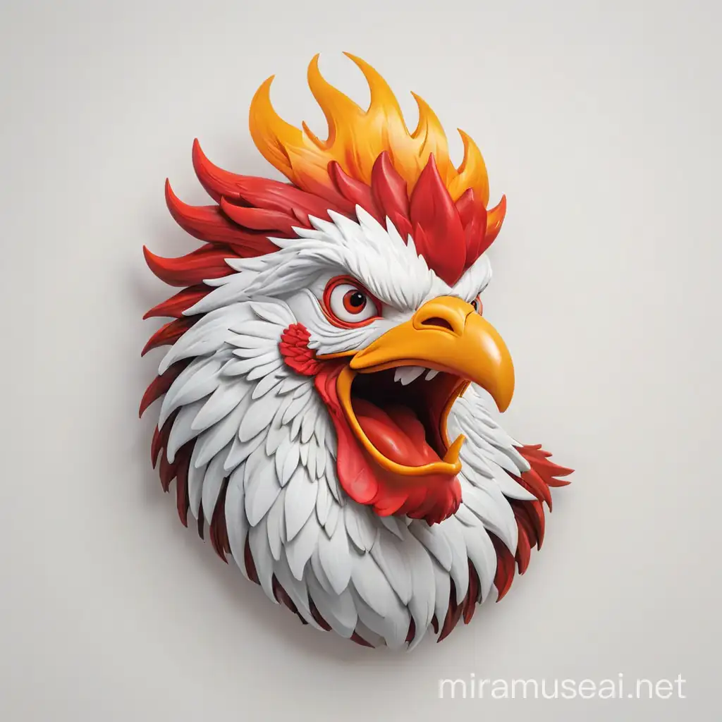 an iconic 3-d illustration of a flaming rooster head logo on a plain white background