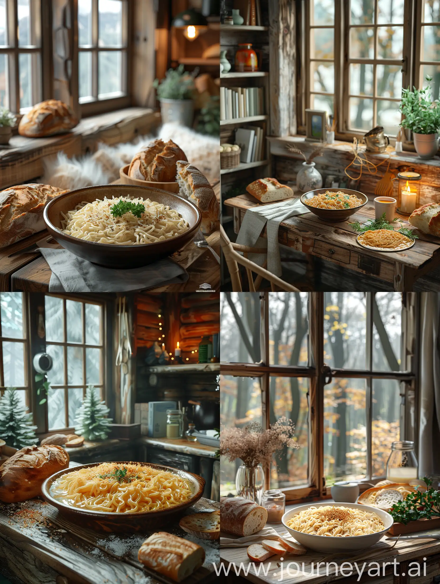 A realistic photo of a dish of handmade noodles on a wooden desk with fresh bread alongside it inside a cozy modern cabin. --s 750