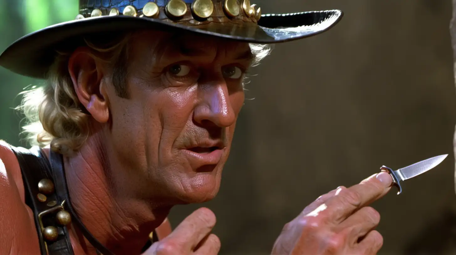 Crocodile Dundee looking at his small knife