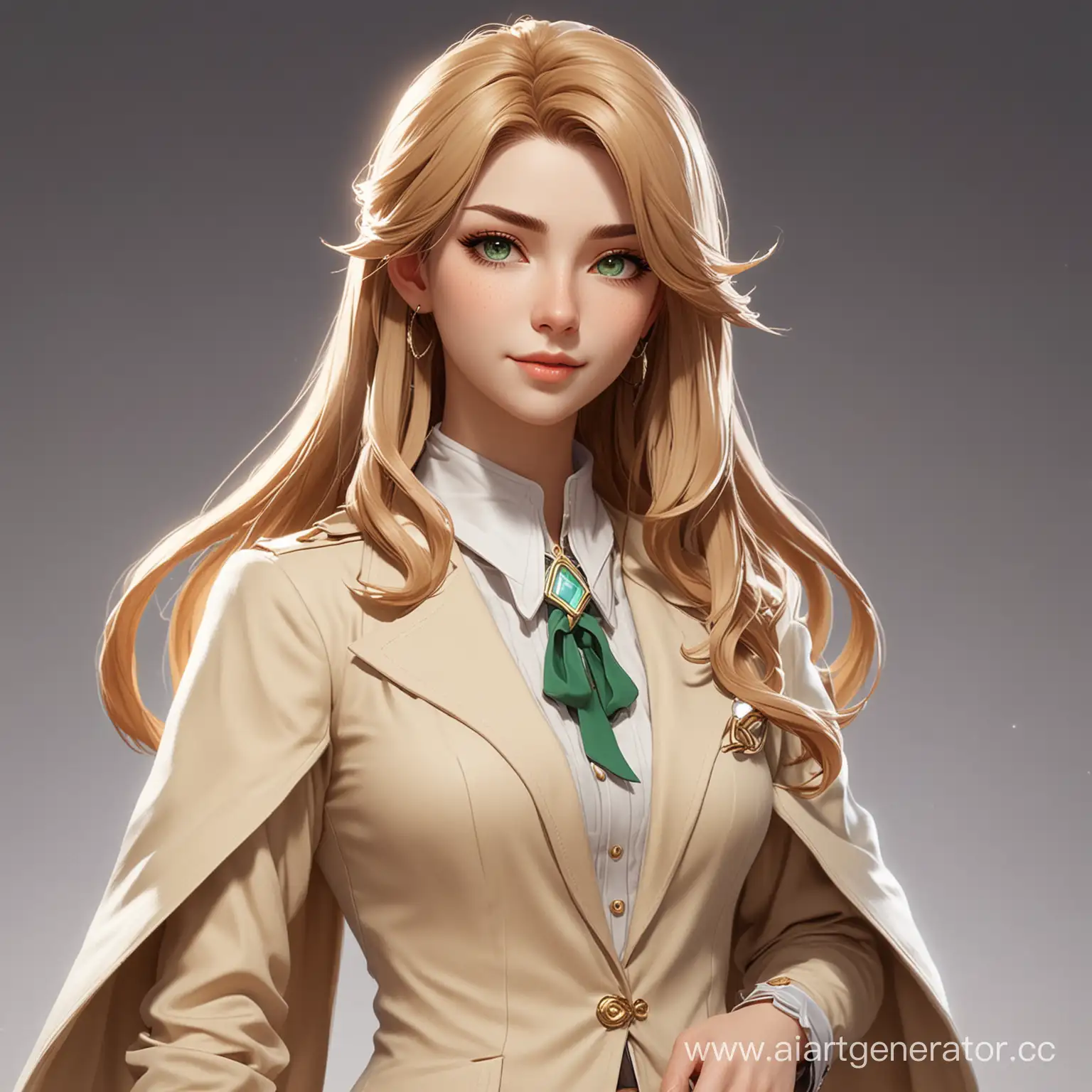 Dendro-Magician-Elegant-Psychologist-in-Beige-Suit-with-Long-LightBrown-Hair-and-Green-Eyes