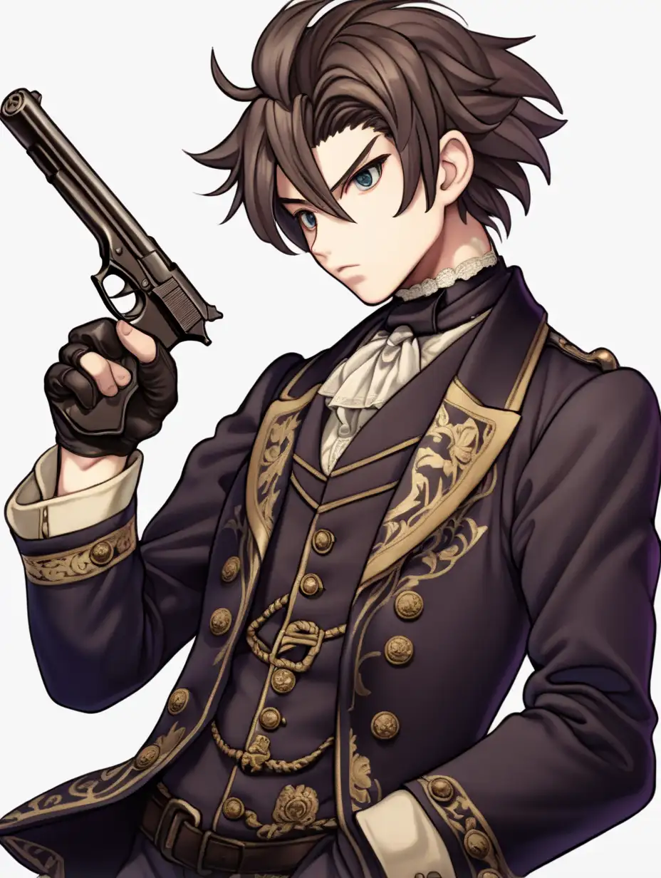 Enigmatic Victorian Anime Boy with a Striking Gun Pose