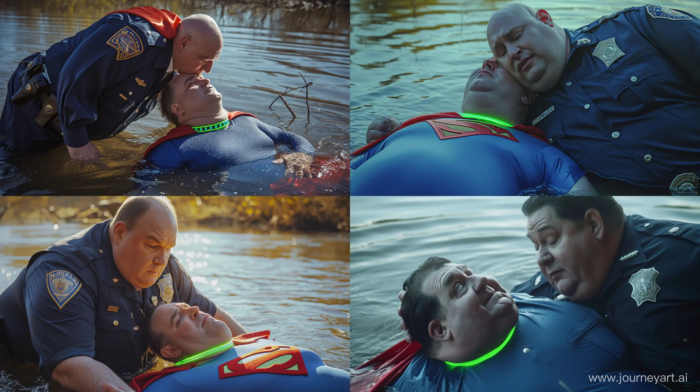 Close-up photo of a fat man aged 60 wearing a silk navy police uniform. Pulling the head of a fat man aged 60 wearing a tight blue 1978 smooth superman costume with a red cape and a tight green glowing neon dog collar lying in the water. Natural Light. River. --style raw --ar 16:9
