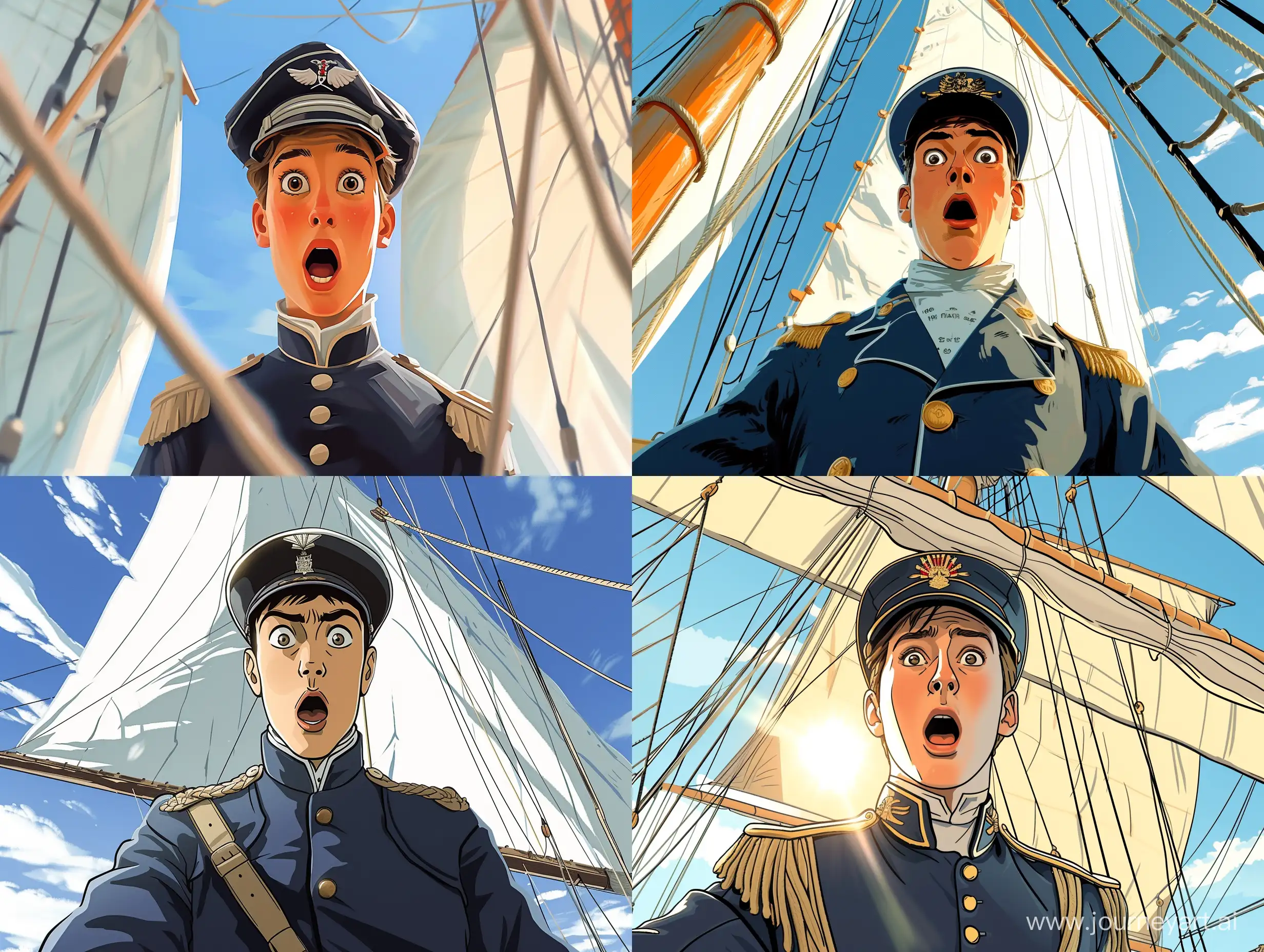 Cartoon in realistic style "Portrait of a 25-year-old captain in uniform standing on the deck of his sailing ship". The face expresses genuine surprise: eyebrows raised, eyes wide open, mouth slightly ajar. The bright lighting emphasises the snow-white sails against the blue sky. A young man wearing a cap with a captain's cockade. Correct horizon
