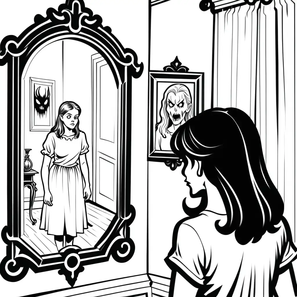 simple black and white coloring book drawing with older teen woman looking into drawing room mirror and seeing demon behind her
