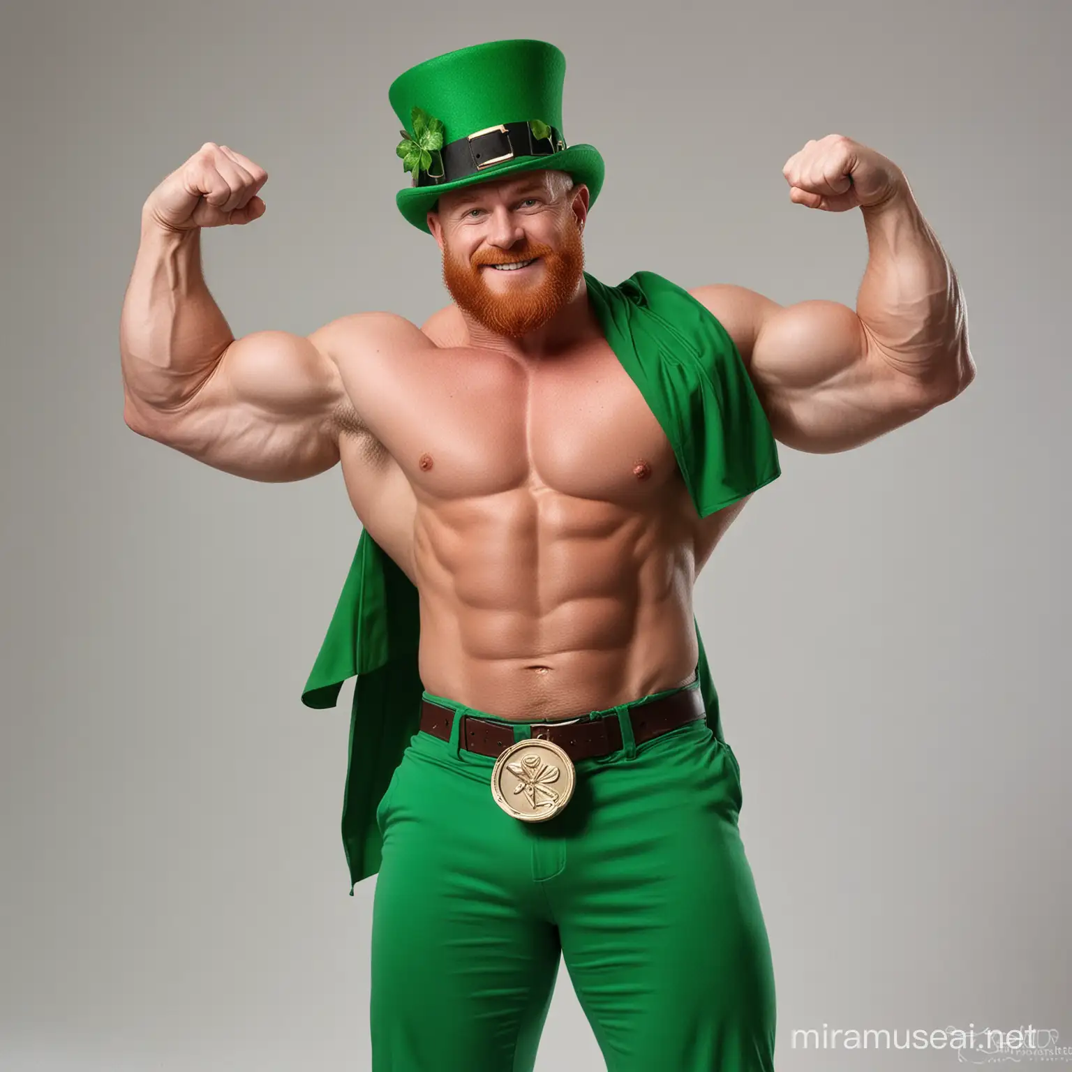 Pixar Style Beefy Topless Irish Leprechaun IFBB Bodybuilder wearing unbuttoned Irish Green Attire Outfit Tall Green Hat Flexing his Big Strong Arm and Holding Irish Shamrocks