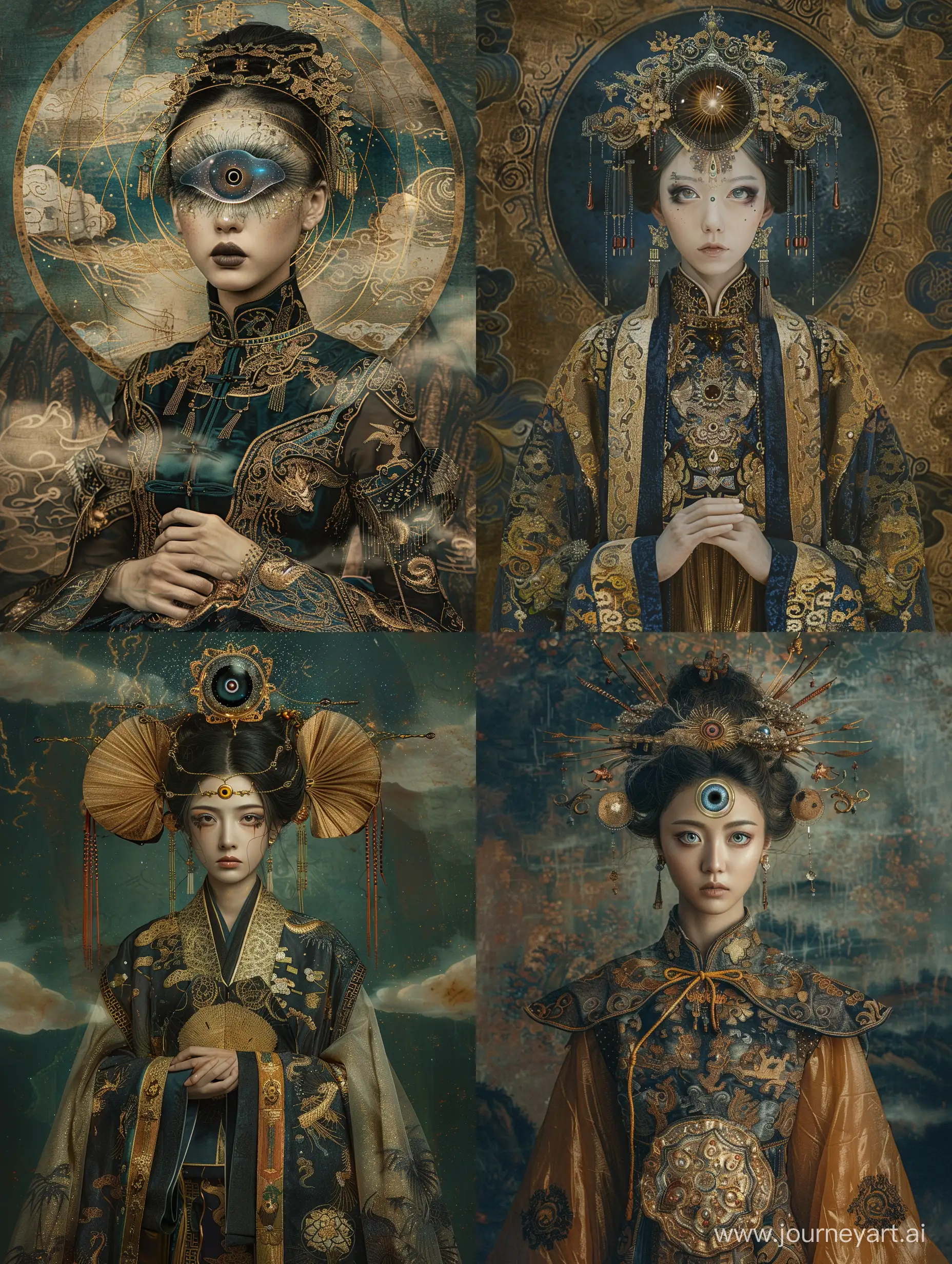 Full body view of an asian woman with cosmic eye, dressed in traditional chinese fashion, in the style of otherworldly paintings, kawacy, intricately sculpted, helene knoop, mystical portraits, elaborate costumes, dark gold and sky-blue --ar 3:4