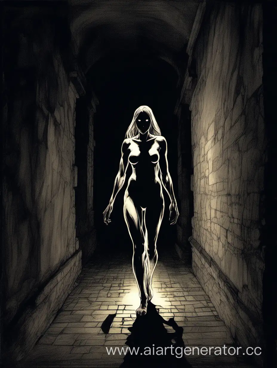 A full-length, thin, completely naked young ghost woman with a narrow waist, wide pelvis and muscular hips walks through a very dark corridor of the castle illuminated by torchlight