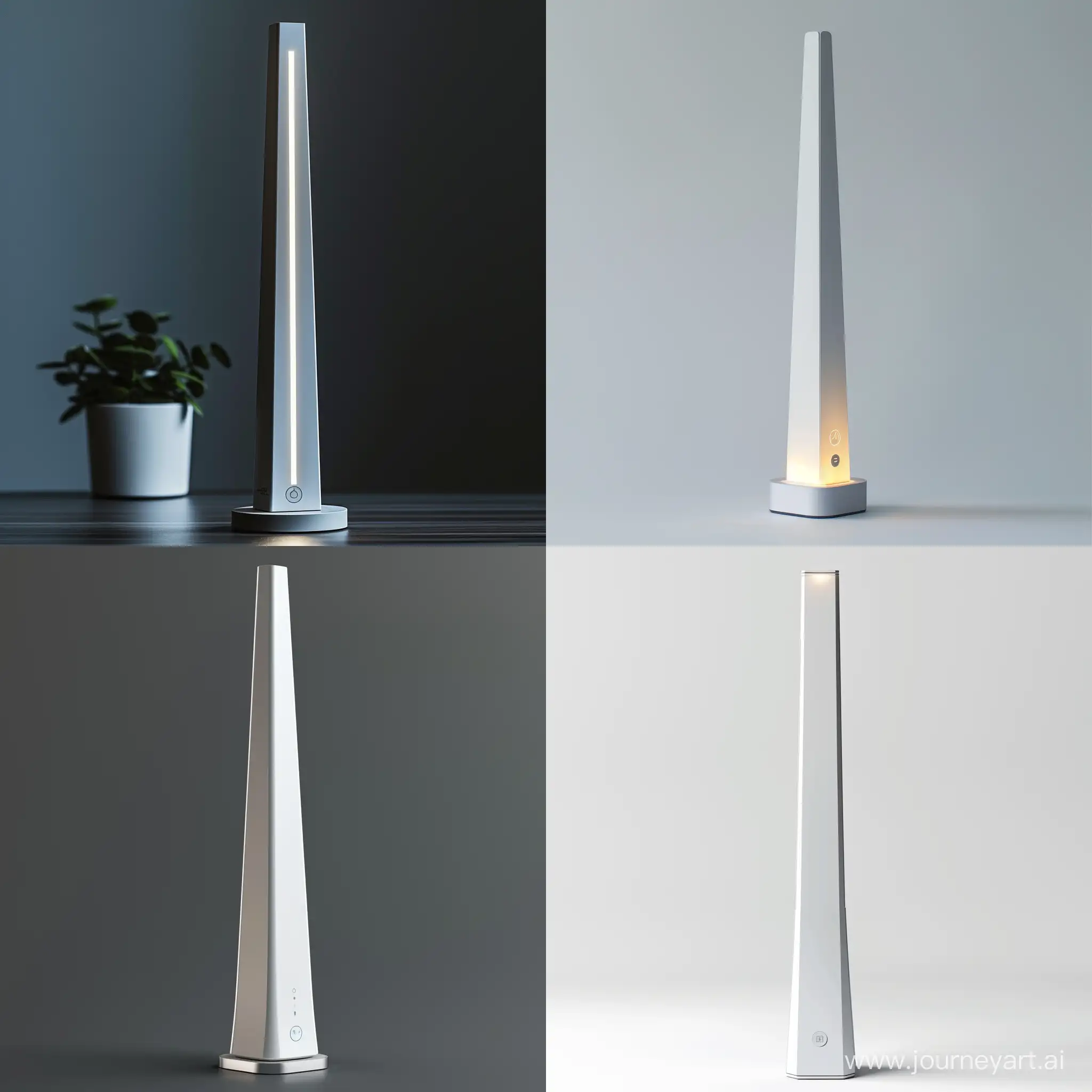"Imagine  a slender, stand-alone energy gateway with a slight taper towards the top, inspired by Japanese minimalism. The base is made of sustainable aluminium, while the body is constructed from recycled plastics, finished in white or light gray. Standing 30 cm tall with a base diameter of 8 cm, this device features soft LED lighting for notifications and a laser-engraved logo on the aluminium base. It serves as a central hub for smart home devices, simplifying energy management with a touch of Zen-inspired elegance, blending seamlessly into eco-conscious homes."realistic style