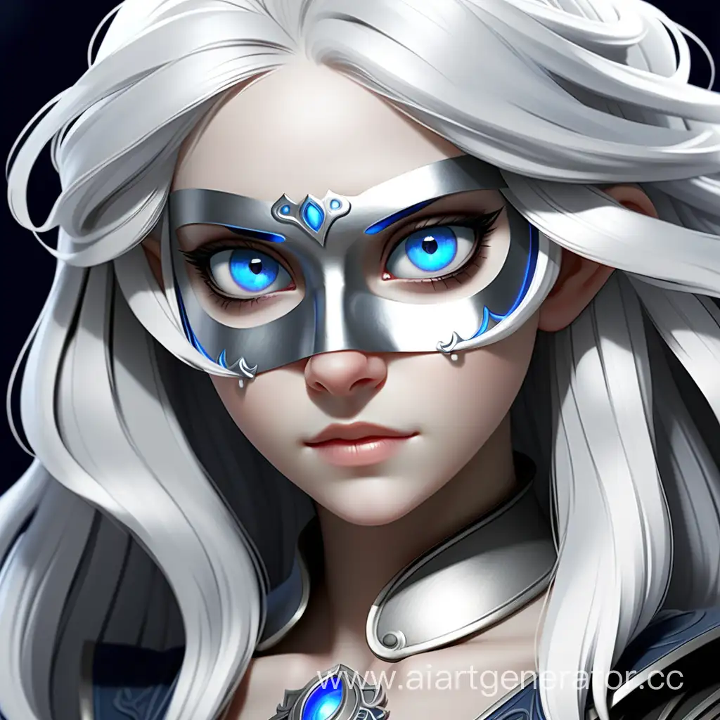 Девушка с белыми волосами, голубыми глазами, в серебряной полумаске