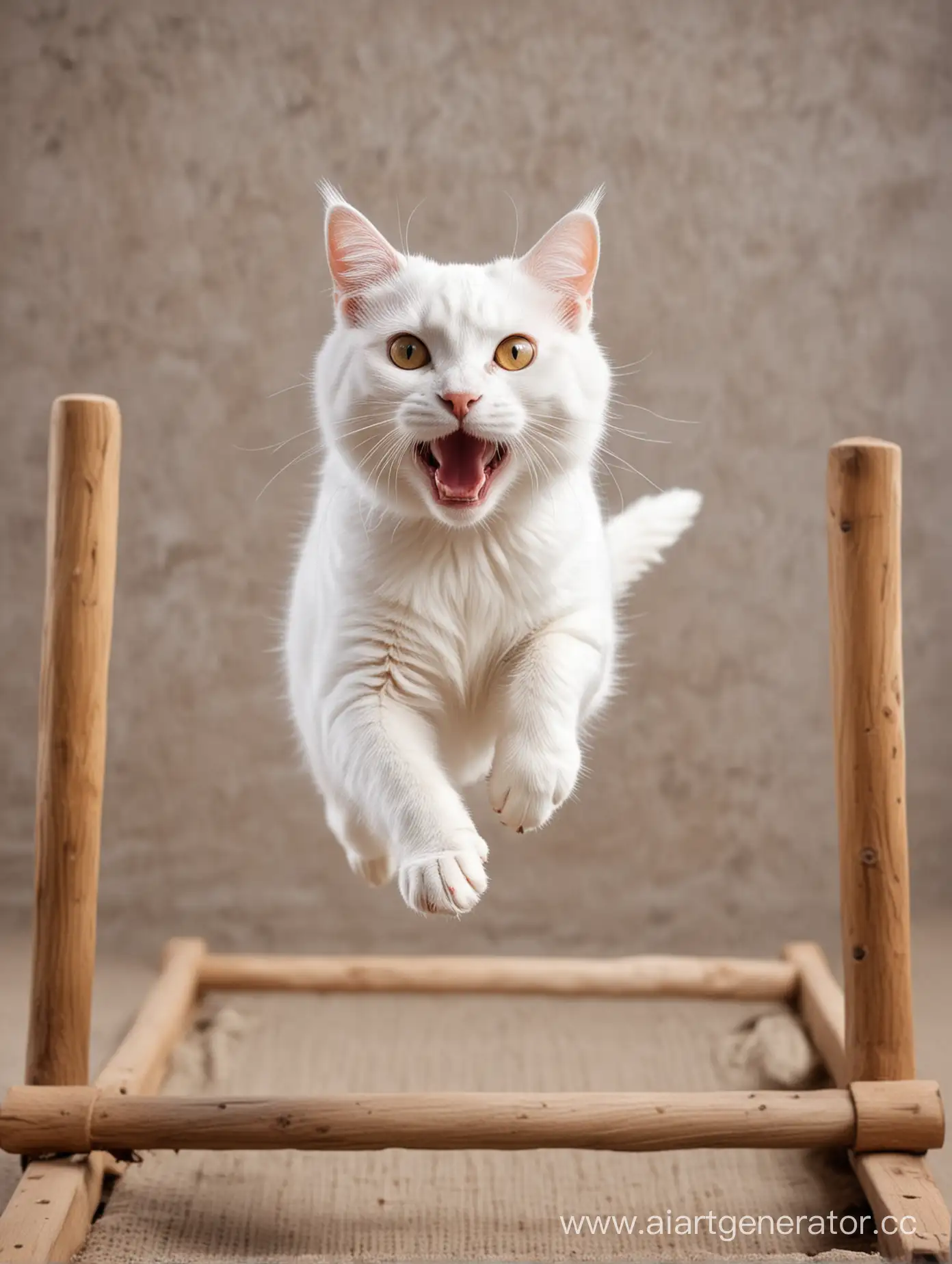 A cheerful white cat runs into the jump