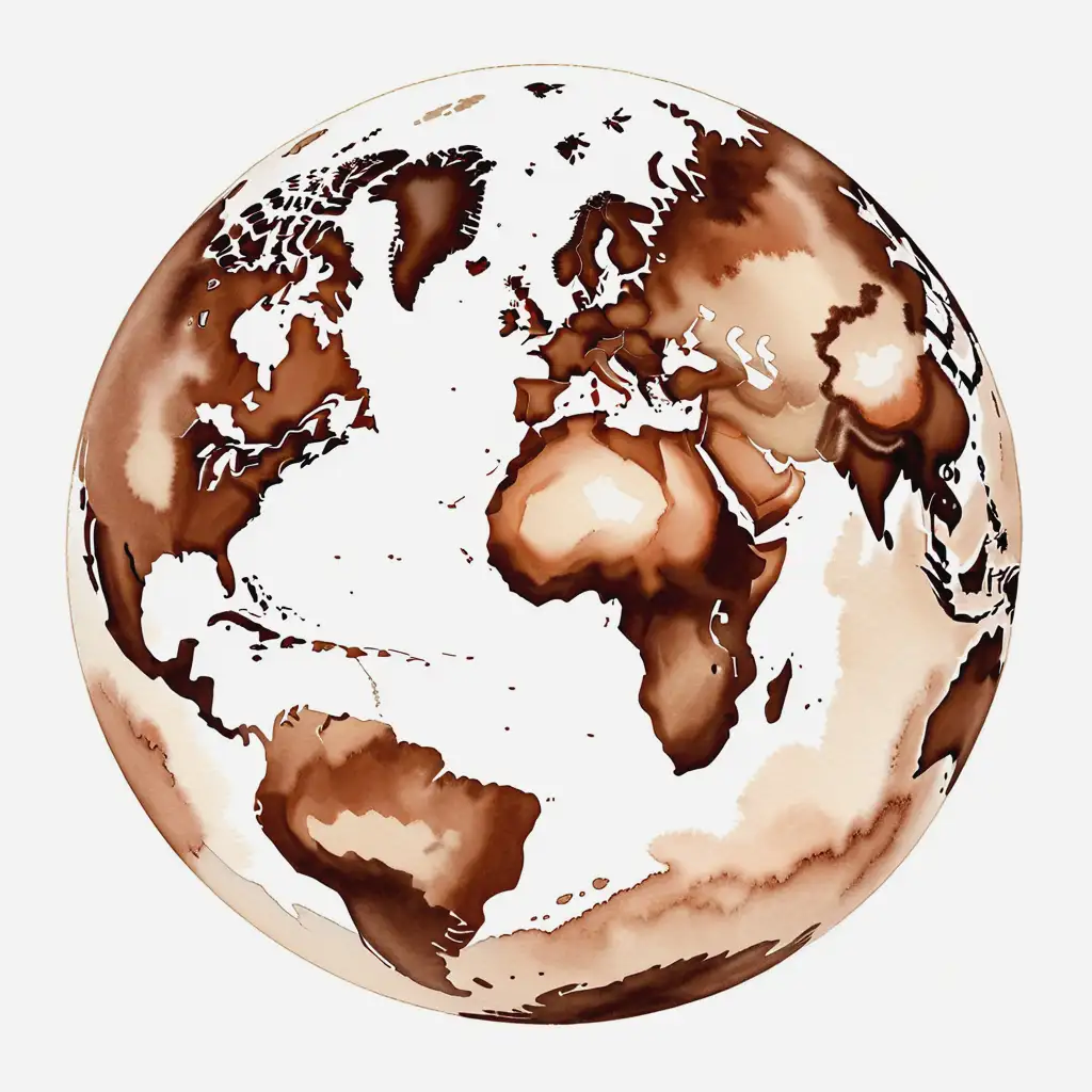 Depiction of the earth in vintage style, pastel watercolors in brown, on a white background