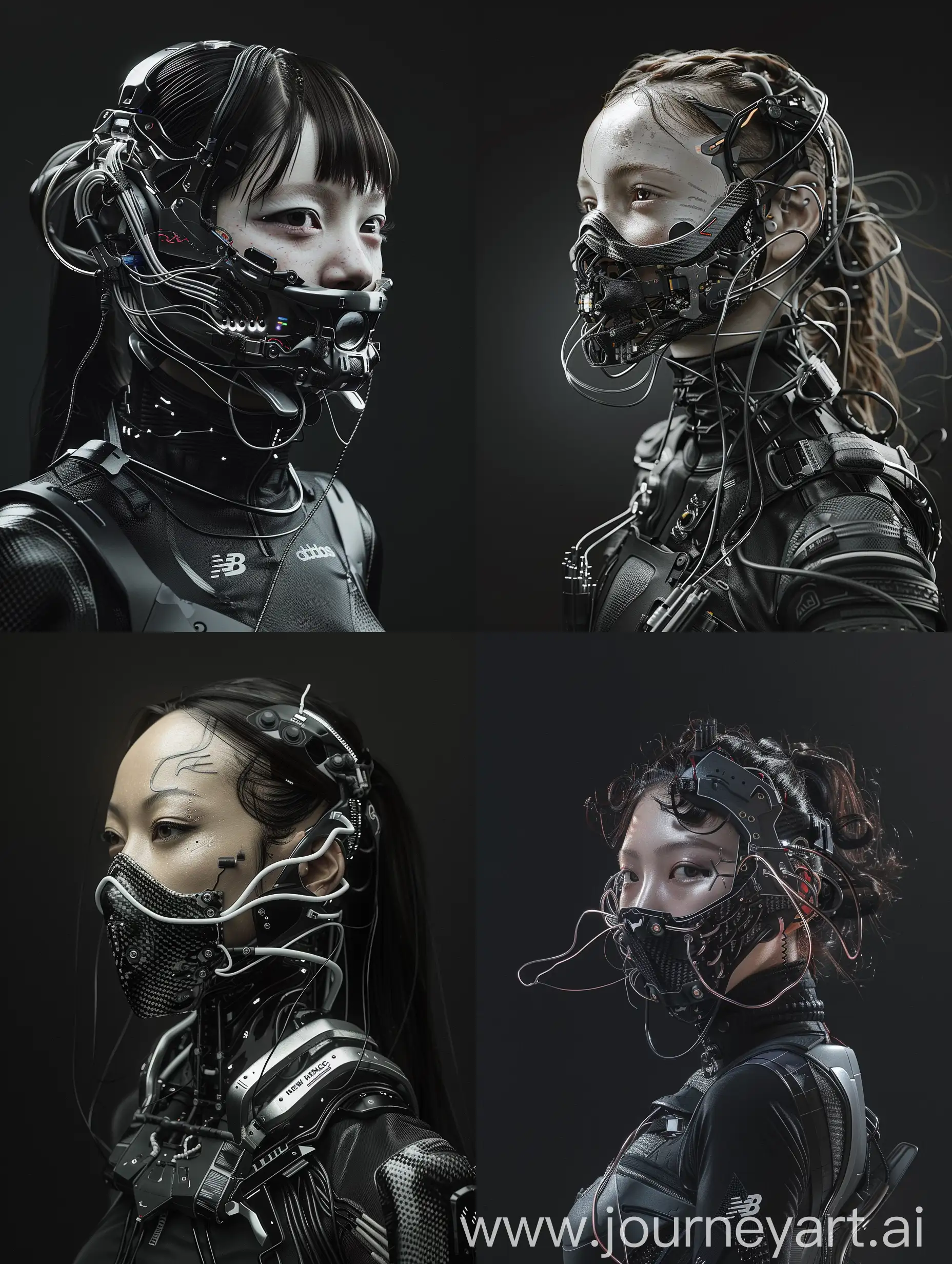 Against a sleek black backdrop, witness the captivating presence of a Beautiful characther adorned with a cybernetic mouth-covering mask. It seamlessly merges cutting-edge technology with intricate details, showcasing carbon fiber textures, sleek aluminum accents, and pulsating wires. Symbolizing the delicate equilibrium between humanity and machine, her appearance embodies the essence of a futuristic cyberpunk aesthetic, further accentuated by New Balance-inspired add-ons. With dynamic movements reminiscent of action-packed film sequences, accompanied by cinematic haze and an electric energy, she exudes an irresistible allure that commands attention