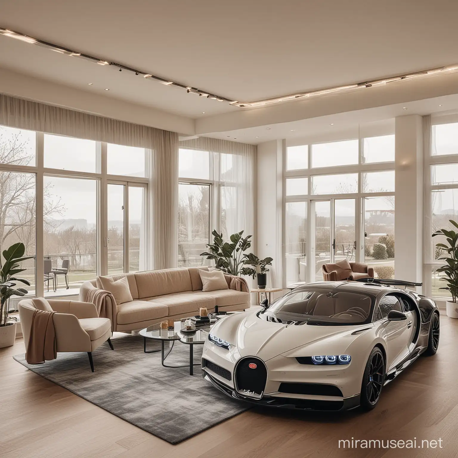 Luxury Bugatti Chiron Parked in Modern Living Room
