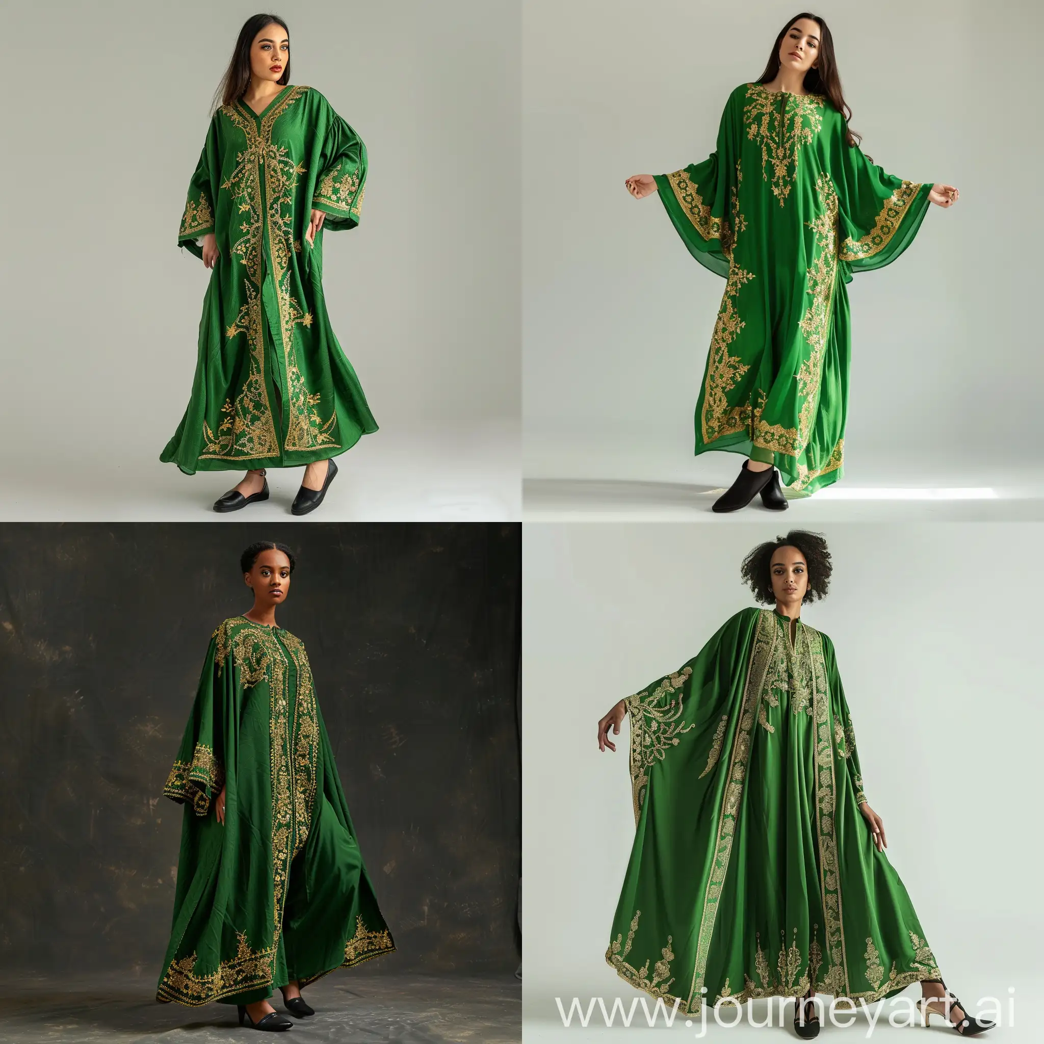 make image, a 30 years old woman wear a green Caftan with golden embroidery, and black shoe, artistic pose