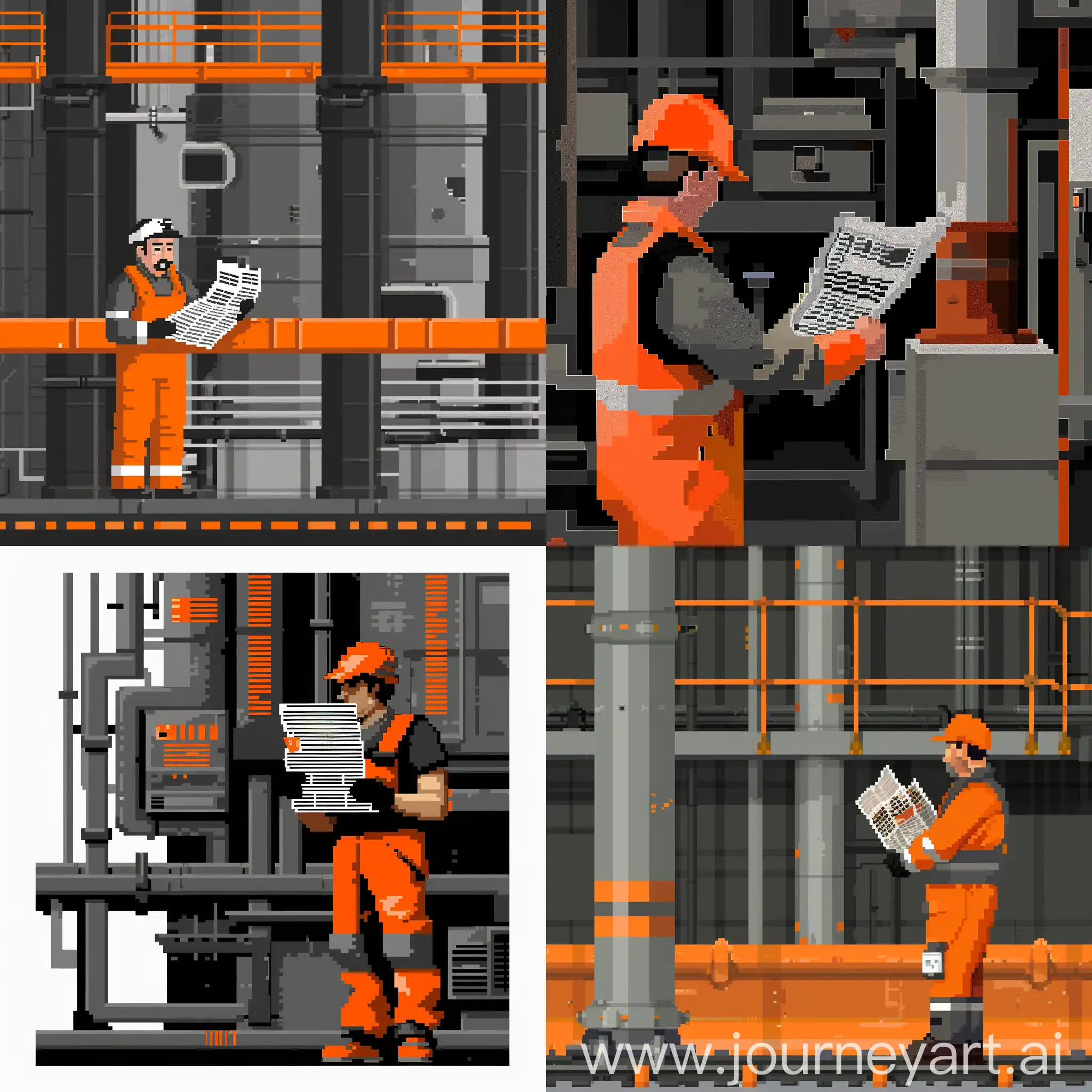 pixel art, orange black white and gray colors, factory worker reading a newspaper