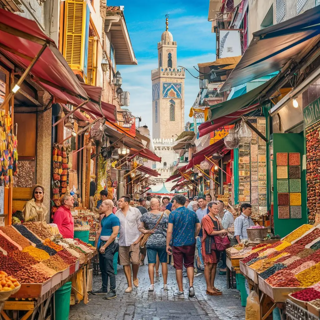 A bustling street market in a foreign city with colorful stalls and people.