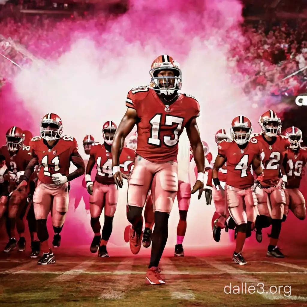 Generate high resolution image of NFL  players wearing football helmets, red team jerseys, pink tutu skirts, football cleats, dancing flamboyantly, pink back lighting  at a pop music concert