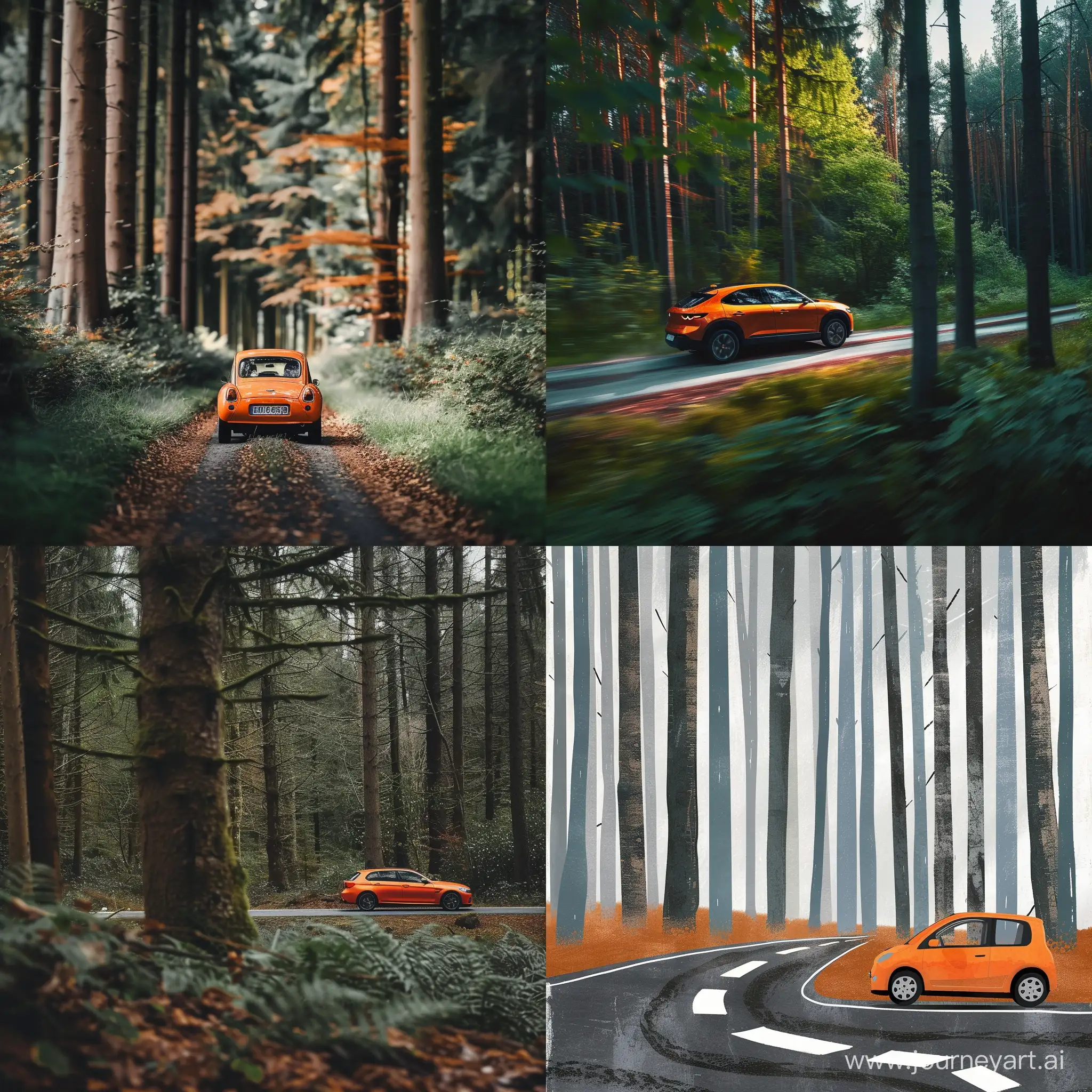оранжевая машина,едет по лесной дороге
