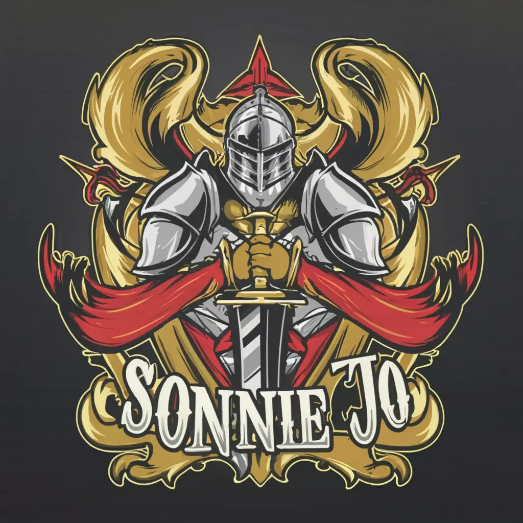 a logo design,with the text ' Sonnie Jo ', main symbol:Knight with Two-Swords and a banner, Knight with Two-Swords, Black, Red, Gold Strong, Eye-Catching, Bold, Stand-out Background ,complex,be used in Entertainment industry,clear background