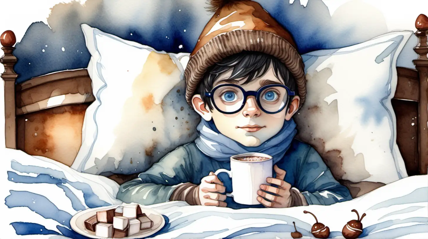 A watercolour fairytale style.  A sick looking dark haired blueeyed boy pixie wearing glasses and a brown acorn hat lying in bed drinks hot chocolate. 

