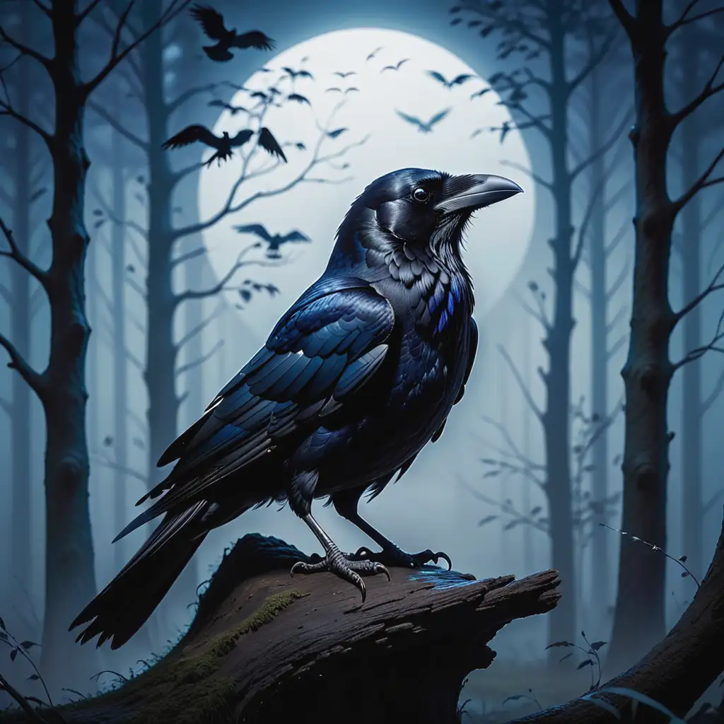 dark cottage core vibe of a raven with deep dark blues and blacks. a light misty background

