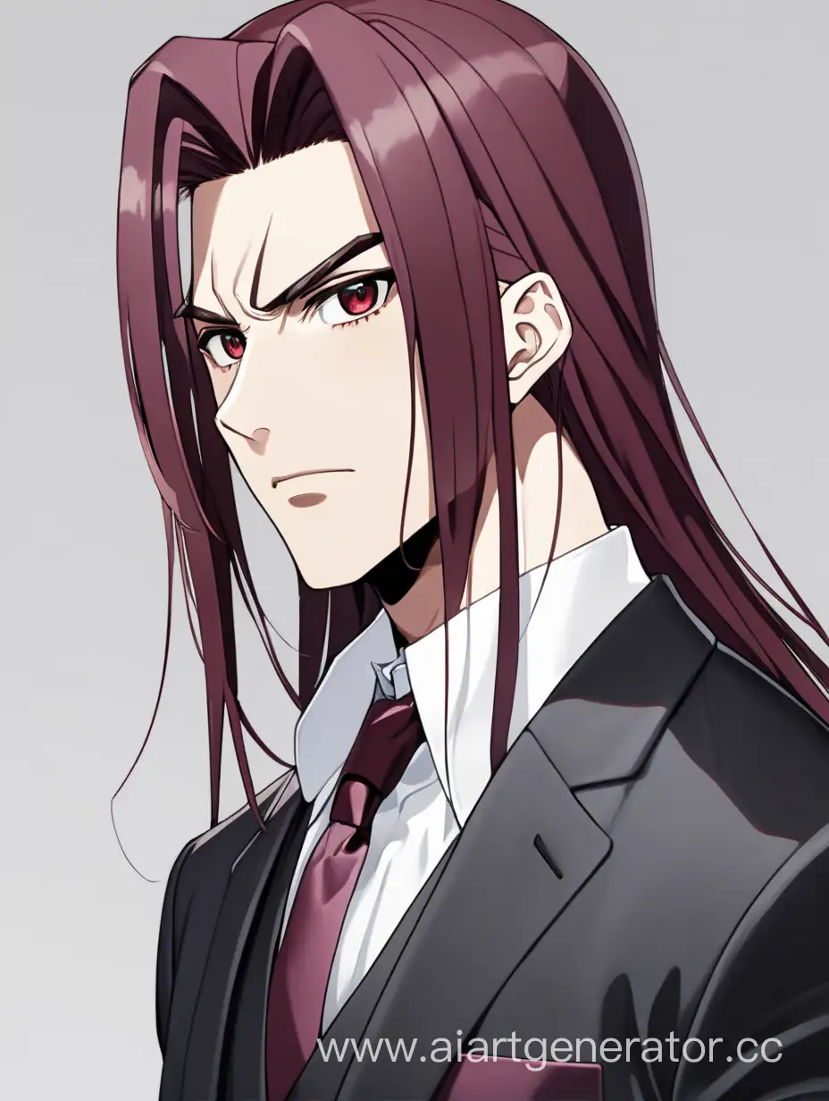 The anime character is a young guy. thick eyebrows, square jaw, maroon long hair, tall stature, black suit