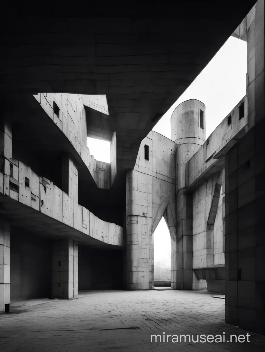Old polish castle in futuristic style, black, grey and white, detail, light and shadow, brutalist, architecture, historic monuments, Interesting point of view, geometry, hard design, inside of the Castle, shapes, small detail, industrial, future, sc-fi, lost city