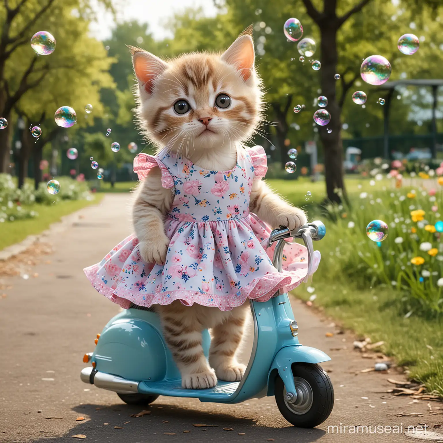 a photo of a realistic kitten that wears a cute dress is riding a scooter and looking at bubbles in a park.