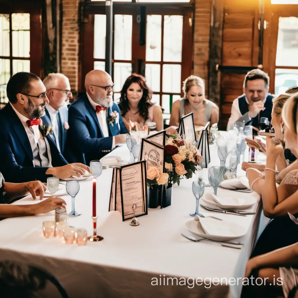 Wedding-Reception-Trivia-Guests-Gathered-Around-Decorated-Table