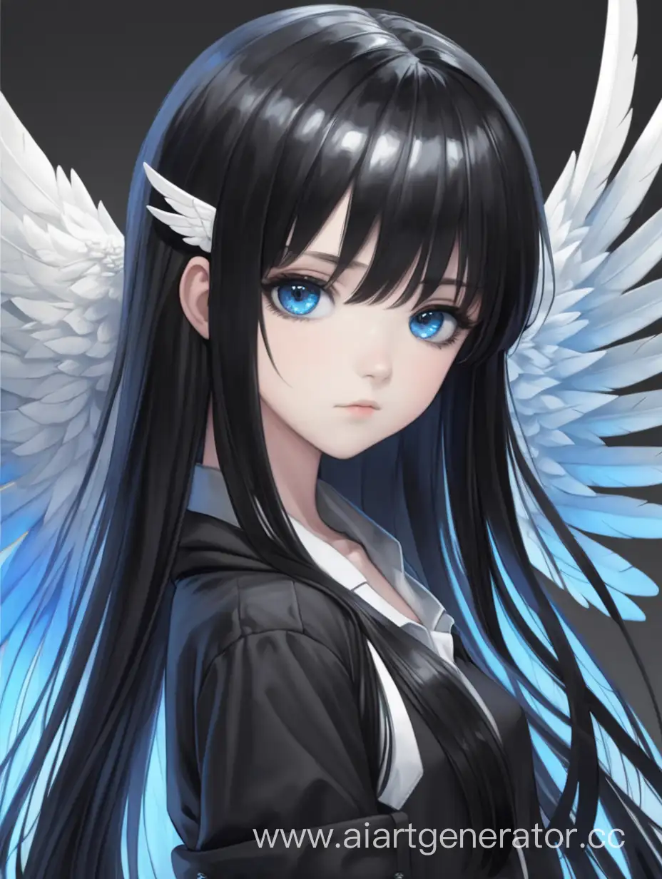 Девушка, чёрные волосы, длинные волосы, голубые глаза, белые крылья, чёрная одежда 