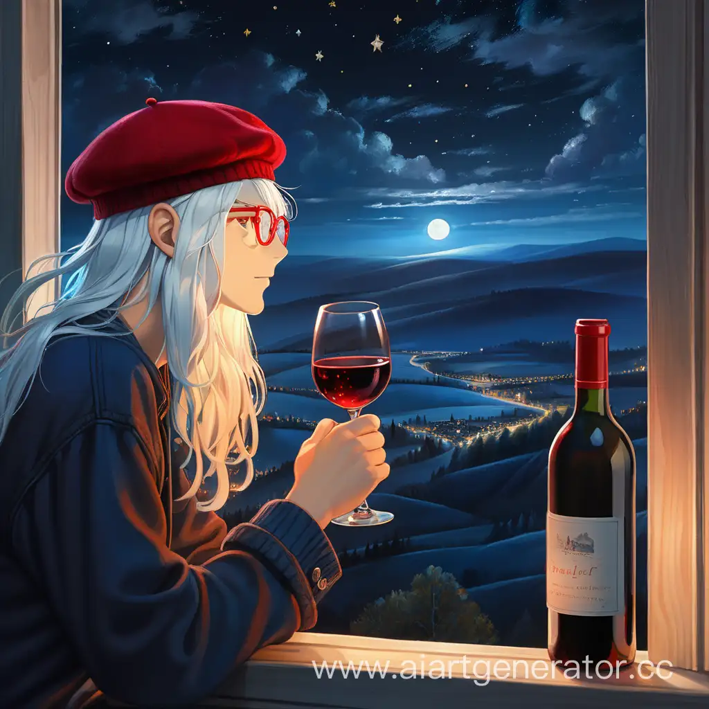 Парень подросток с длинными белыми волосами, в берете и красных очках пьёт вино и мечтательно смотрит в окно на ночной пейзаж