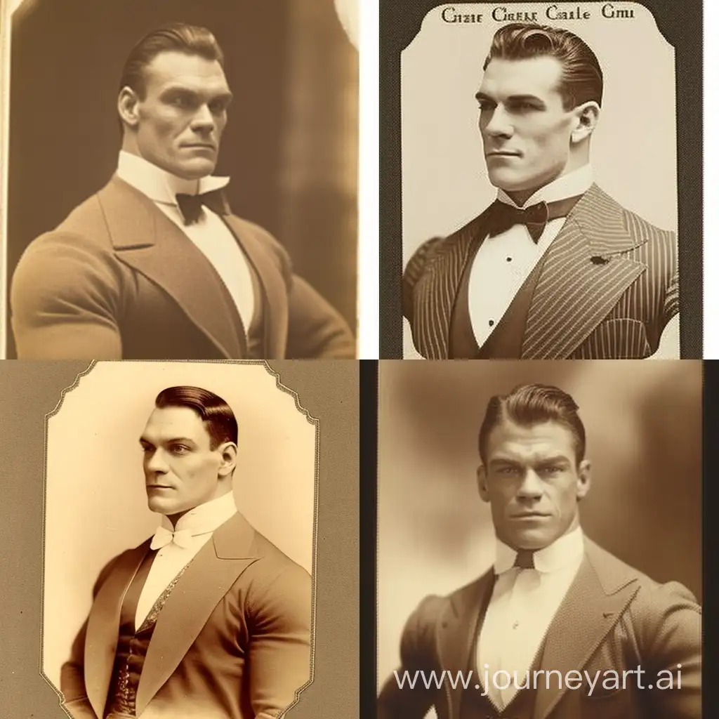 1920 sepia photo of circus muscle man in elegant suit, only face and neck