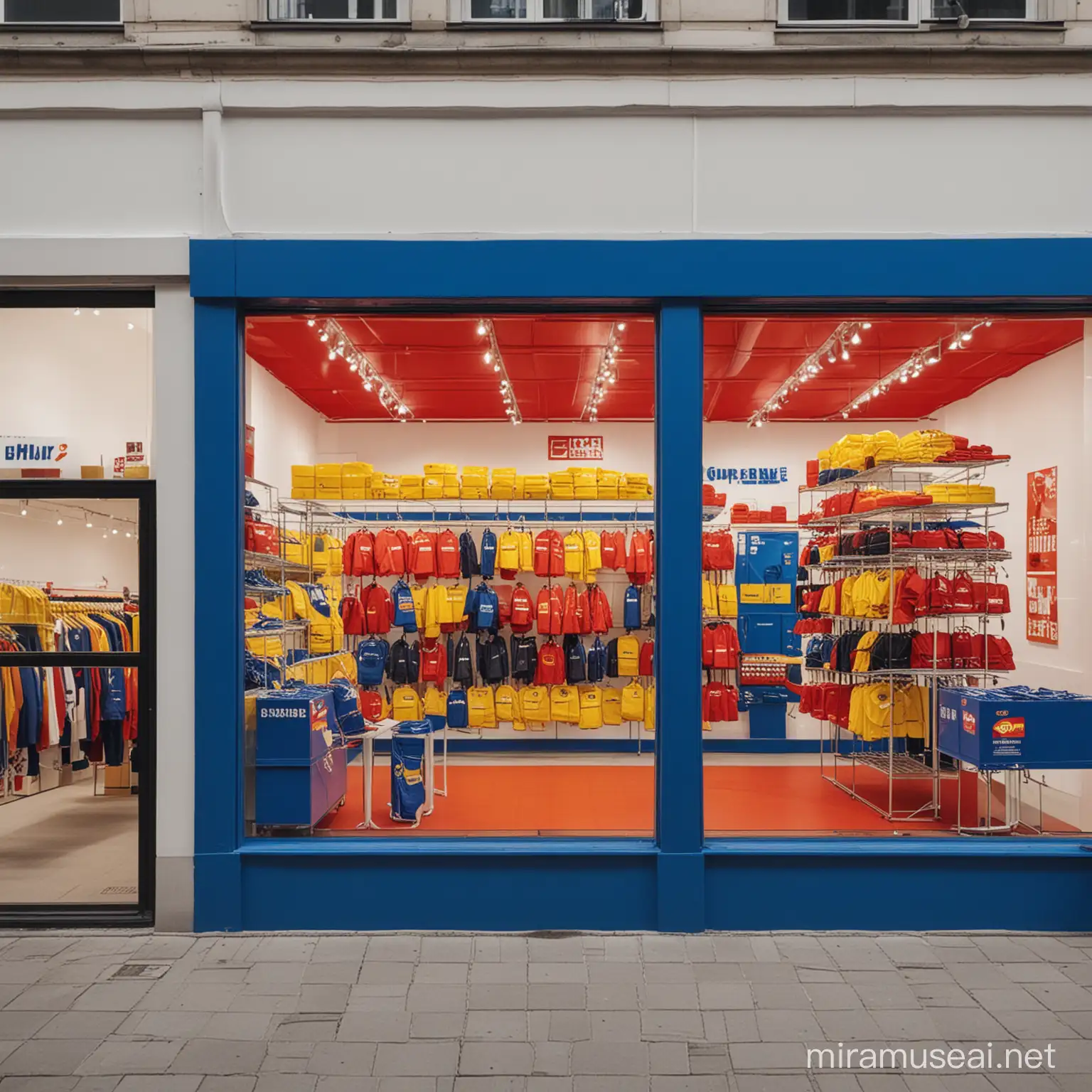 Créer un showroom de luxe.
Ce pop up store représente une collaboration entre le supermarché allemand Lidl et la marque de luxe Supreme. 
C'est une collaboration street-wear et luxe.
Le rouge, le jaune le bleu sont à l'honneur. 