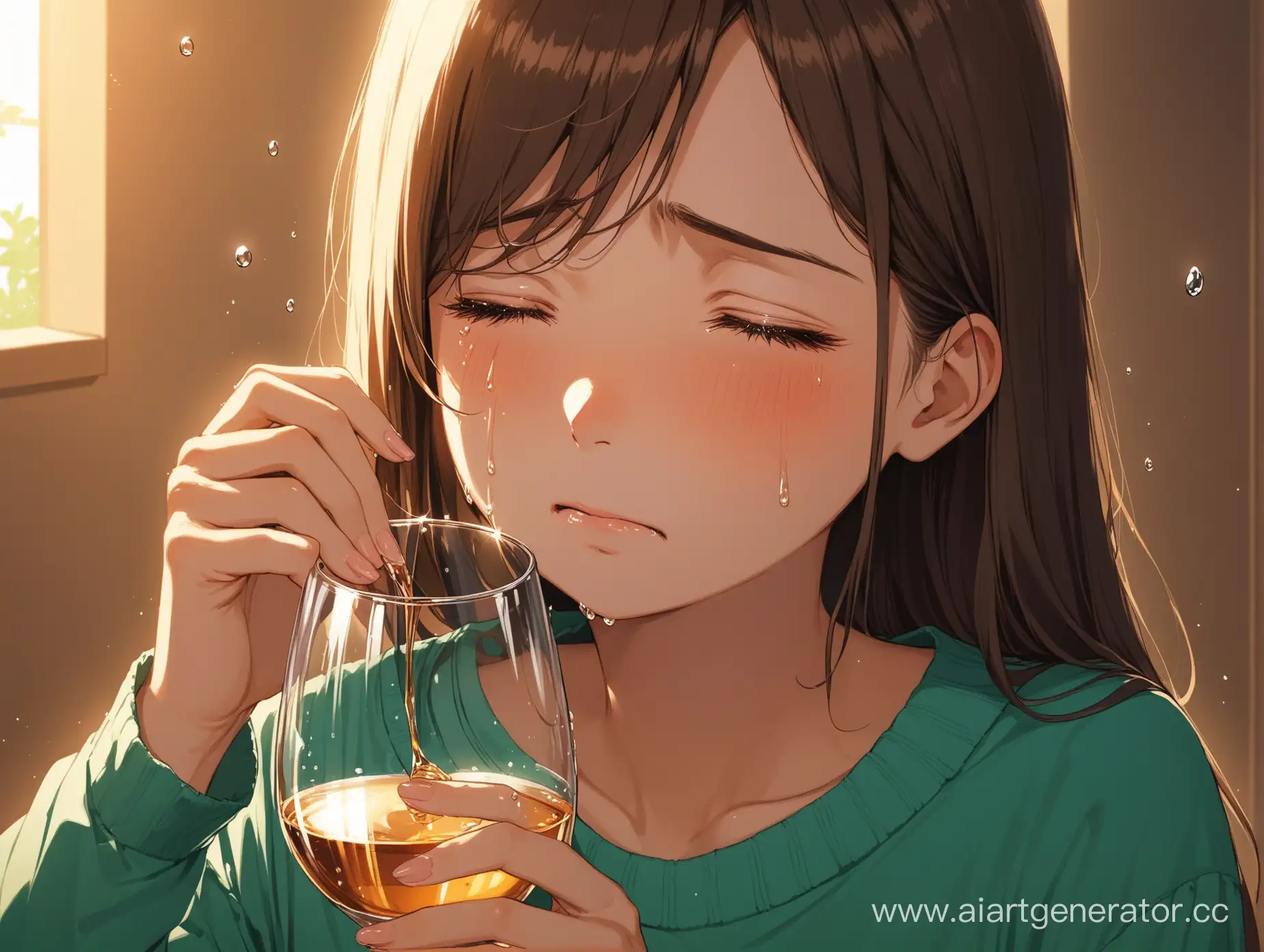 девушка плачет допивая бокал 
