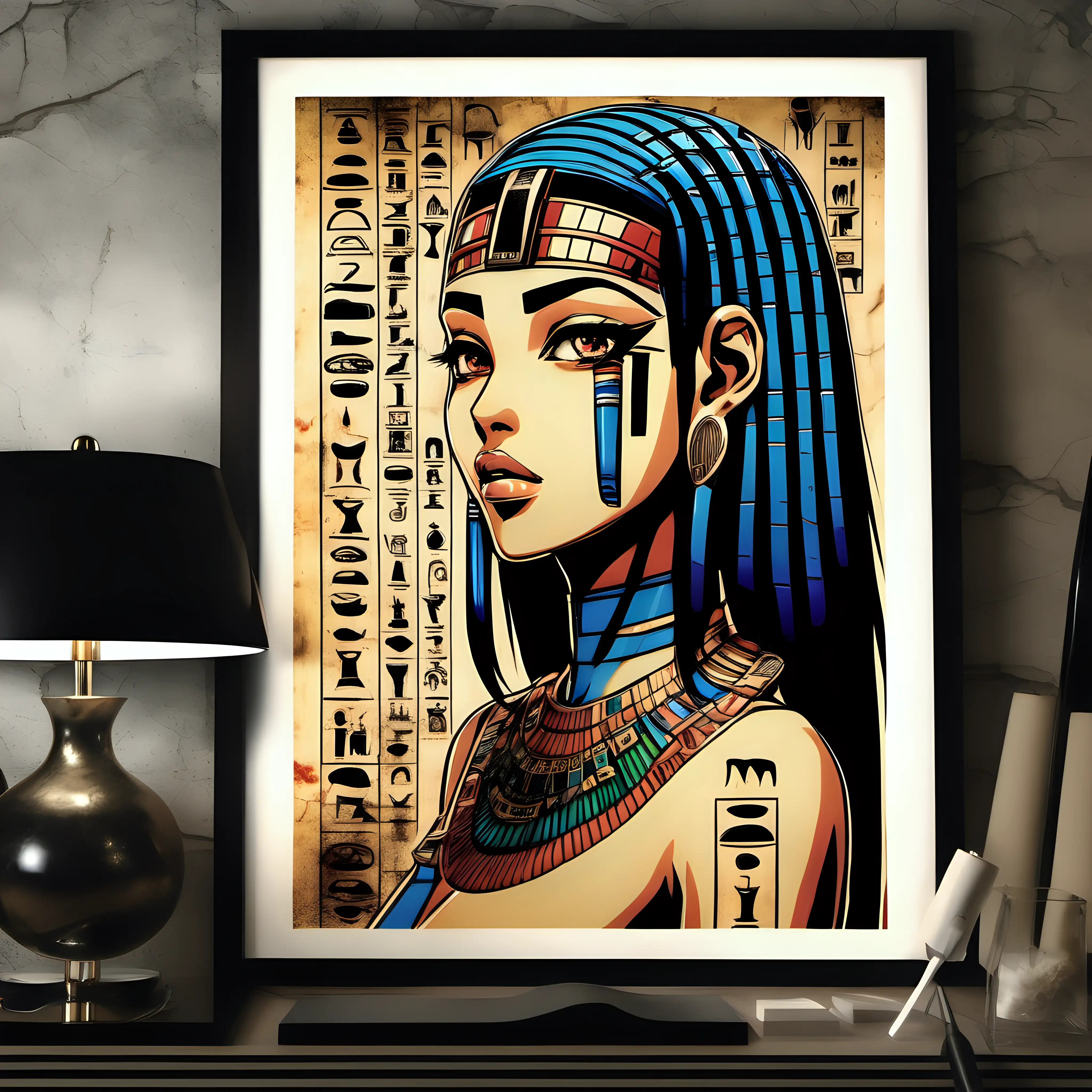 egyptian hieroglyphs wall art of a girl with ahegao face (junji ito color)