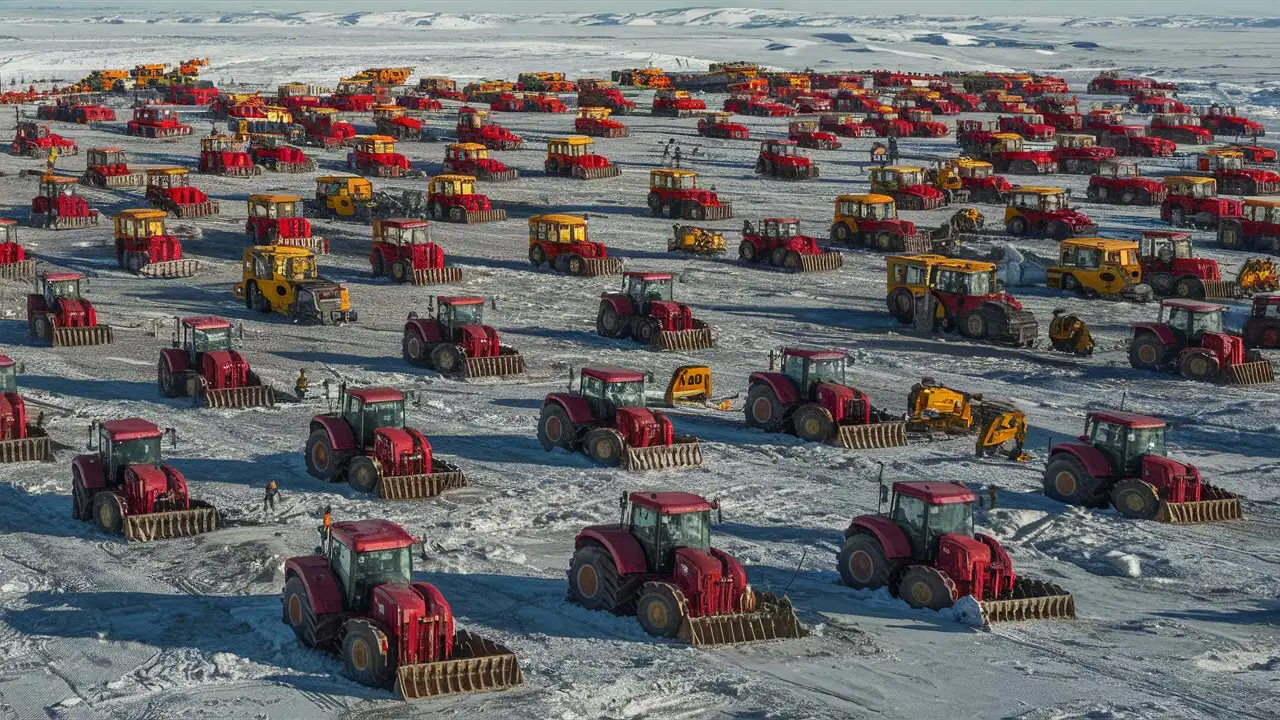 A real very realistic actual image red and yellow busy thousands of tractors and construction machinery all over, with workers, working on a very huge land mass area in the arctic, almost 10,000 acres 