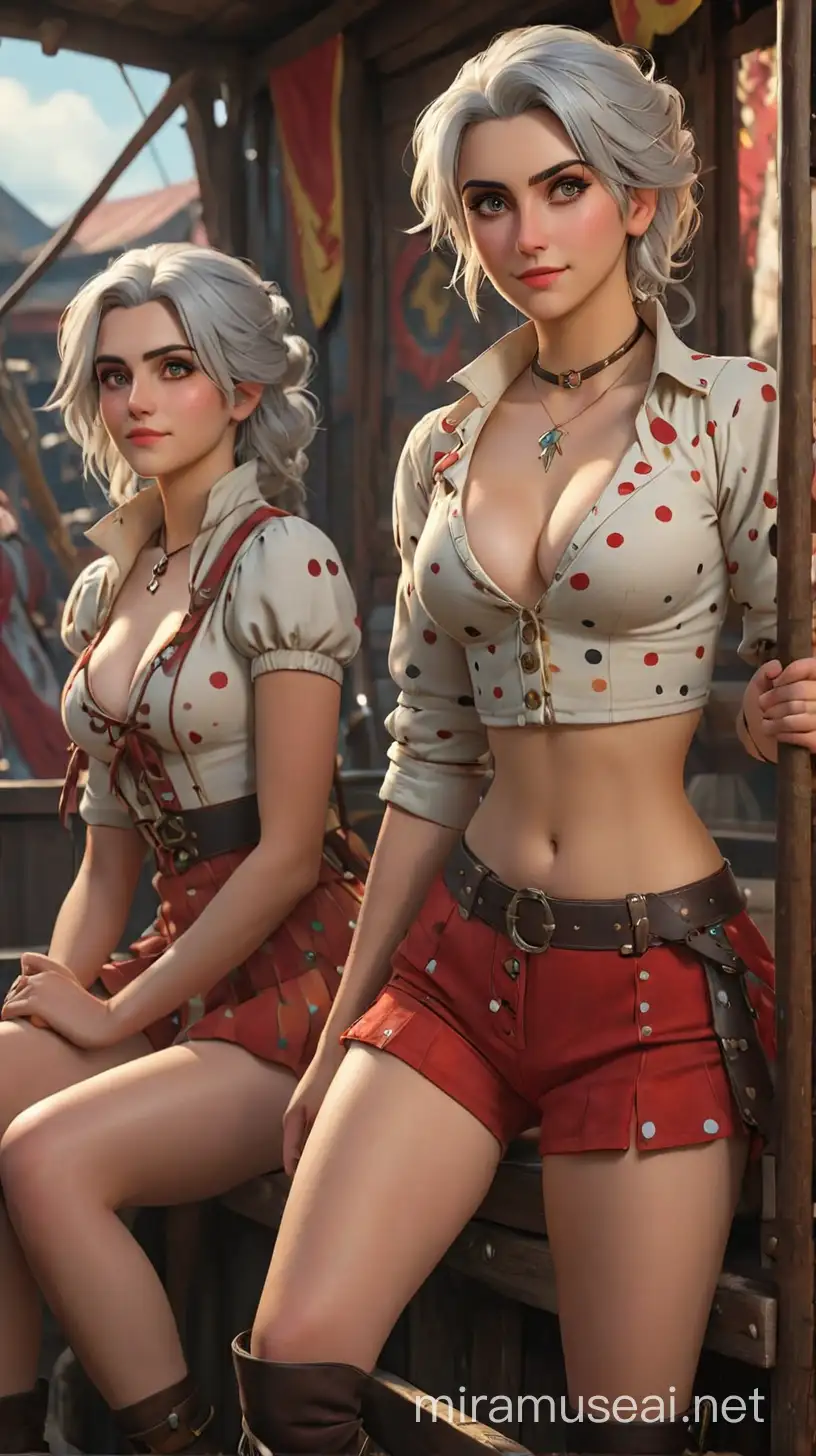 Sexy Girls, The Whitcher, Philippa Eilhart und Ciri, Hotpants Pünktchen Muster, oben ohne, im Zirkuswagen