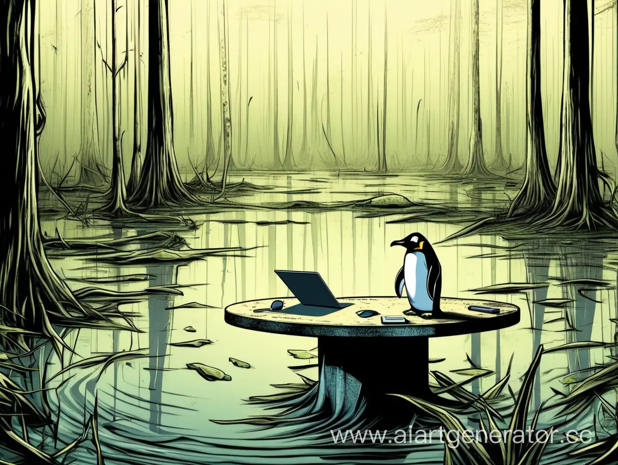 Стол стоящий в болоте с графическим планшетом. На столе должна быть кепка с логотипом пингвина.
