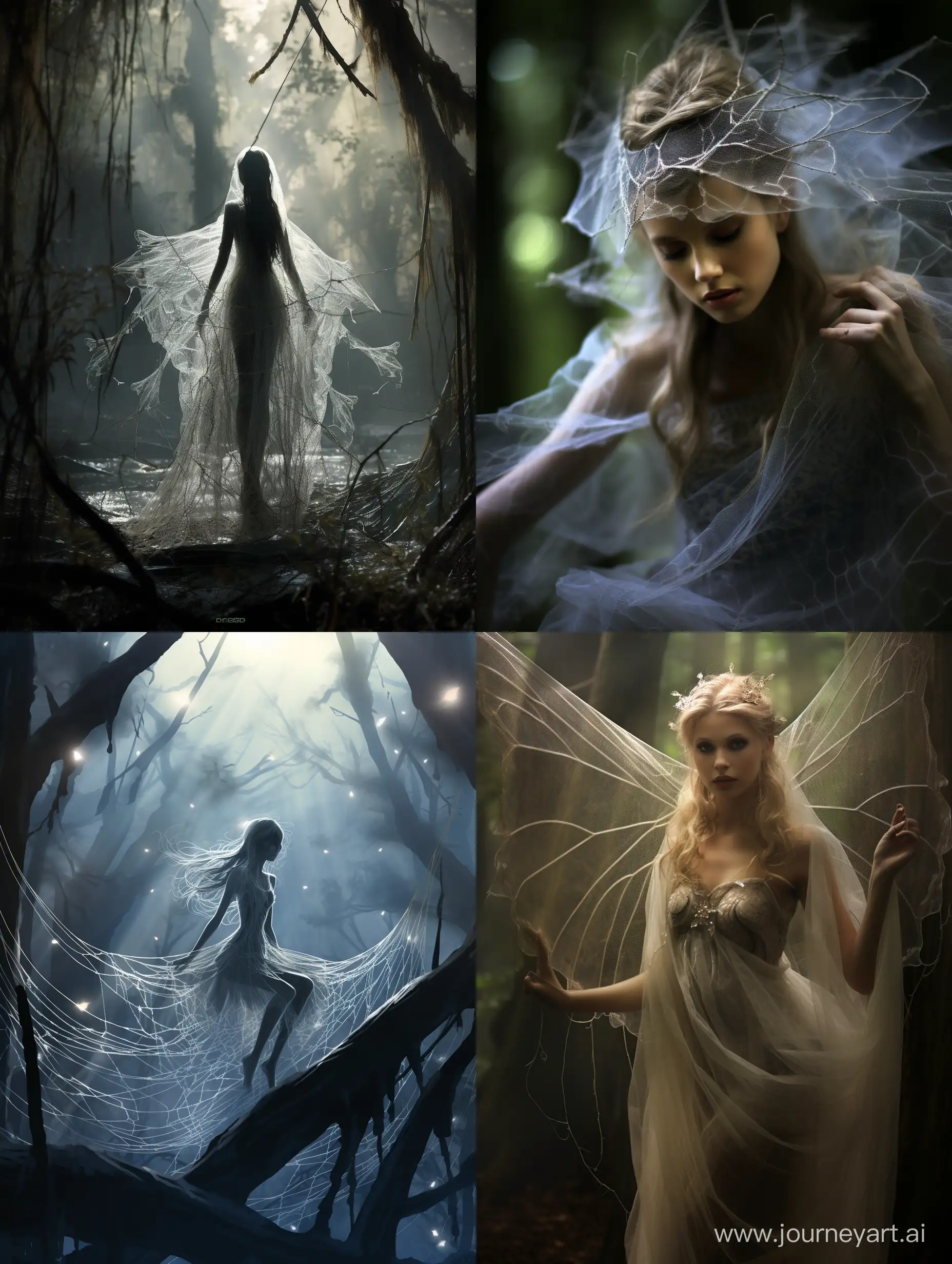 A sinister forest is cloaked in shadows as wisps of fog drift among the towering trees. At the center, a stunning winged fairy is ensnared within the intricate strands of a massive web, its silken threads wrapping her slender limbs. Though trapped, her beauty remains, from her delicate features to her gossamer gown and shimmering butterfly wings. But danger lurks in the form of a monstrous spider slowly drawing nearer. 

Captured with a Nikon in a dramatic film noir style, this haunting scene unfolds before you with cinematic depth, atmosphere and contrast. Intricate textures showcase both the fairy's ethereal grace amid the web's chaotic complexity. Every minute detail, from wisps of hair to individual cobwebs, appears hyper-real through advanced lighting, composition and 3D digital artistry. Vibrant colors saturate the magical world before eclipsing into shadows, as the fairy's plight intensifies towards an epic climactic confrontation.