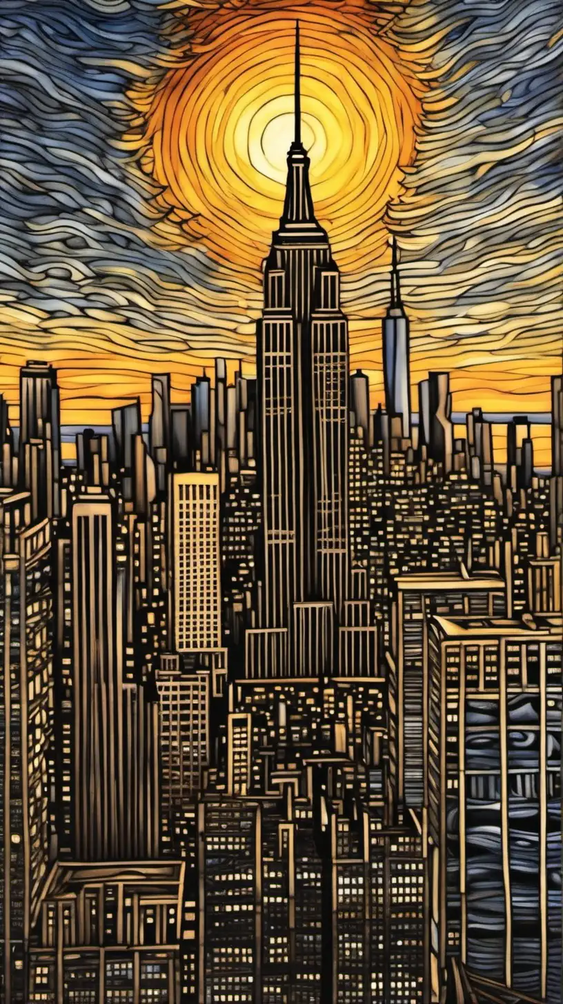 New York skyline with the Empire State Building in the centre as the sun is setting in the style of Vincent van Gough 