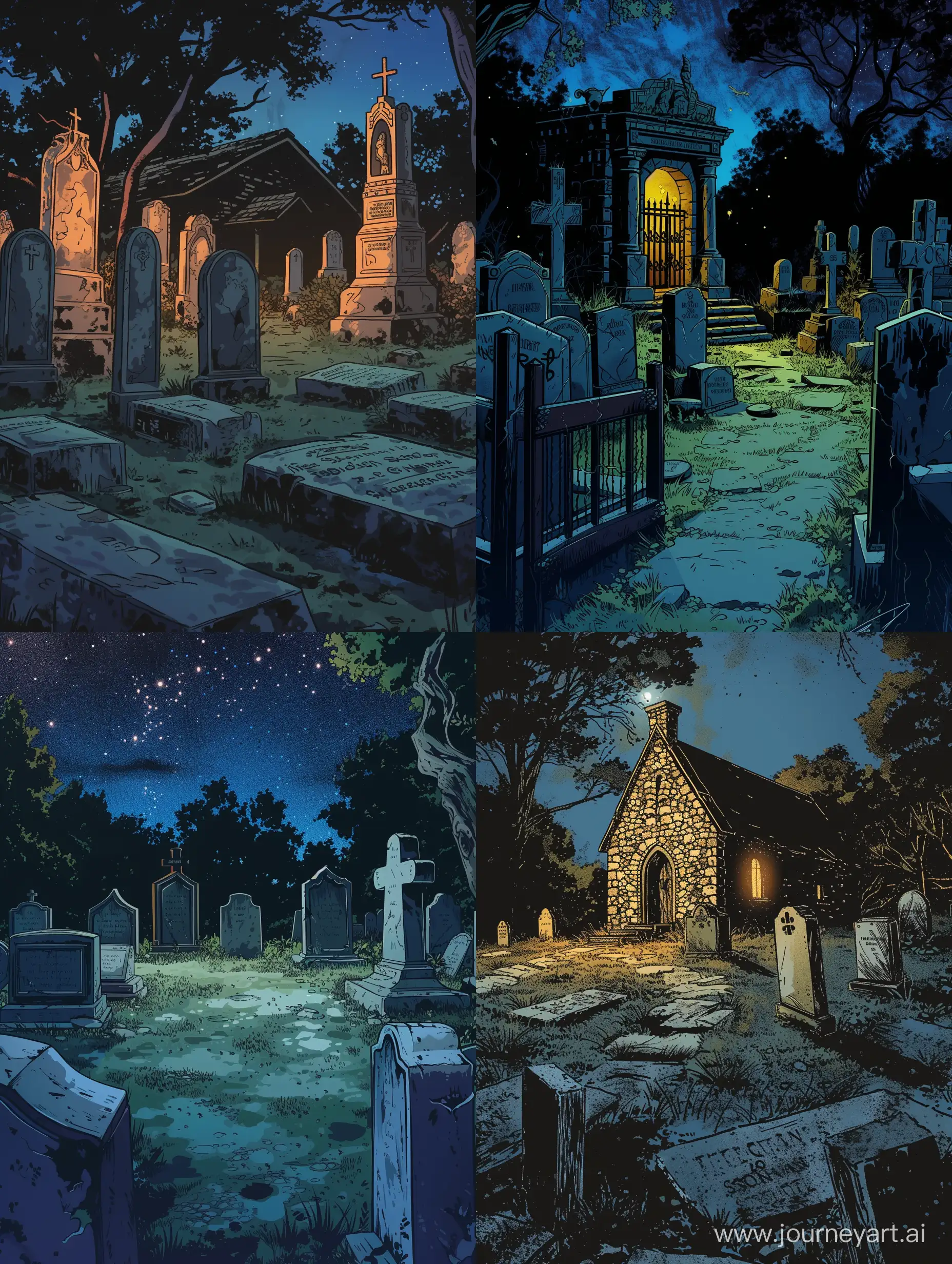 old American cemetery, front view, night lighting, comic style