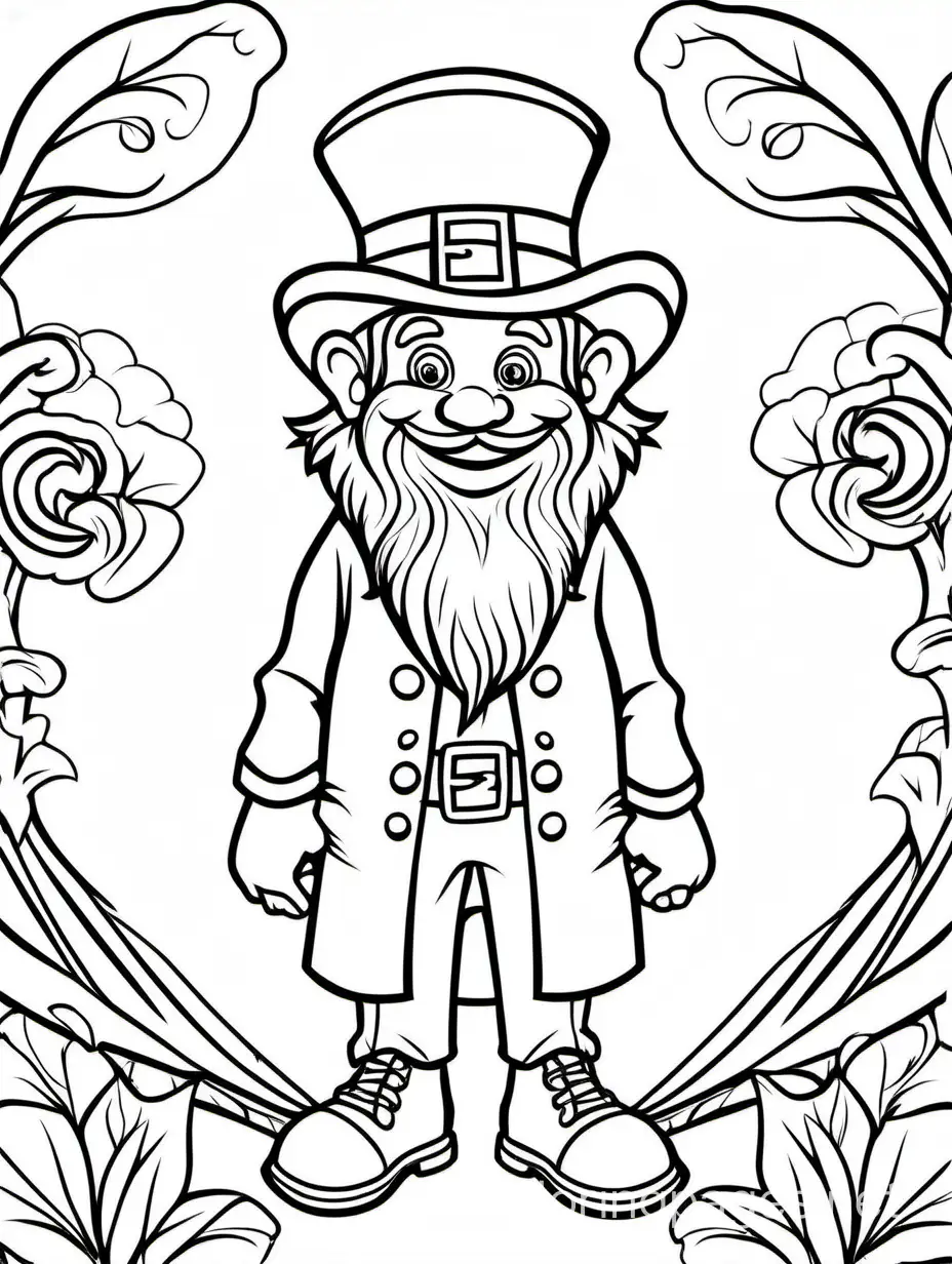 Leprechaun for kids
, Coloring Page, black and white, line art, white background, Simplicity, Ample White Space. The background of the coloring page is plain white to make it easy for young children to color within the lines. The outlines of all the subjects are easy to distinguish, making it simple for kids to color without too much difficulty
