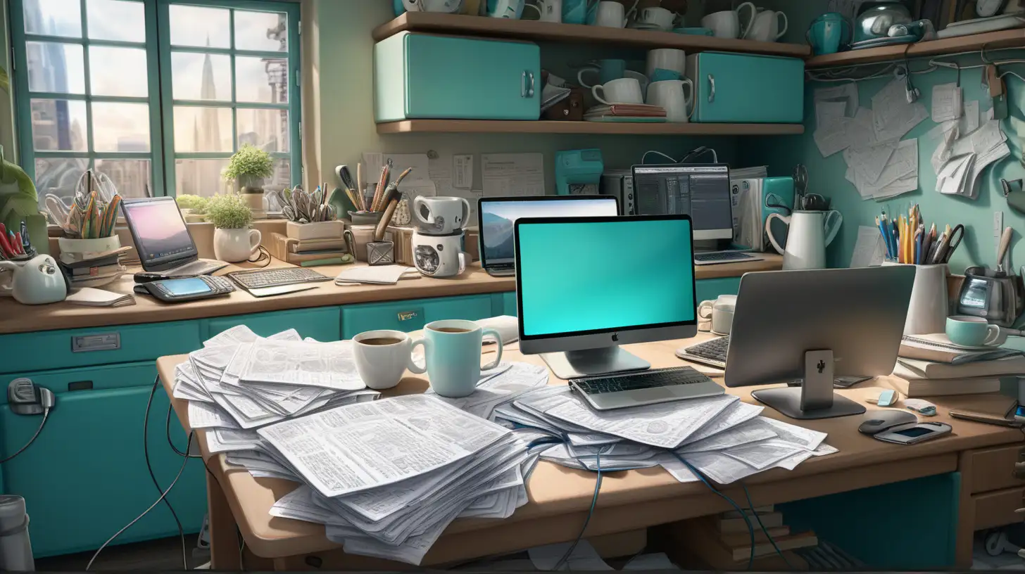 Solo Laptop Workspace with Chaotic Papers and Green Iron Teal Mug