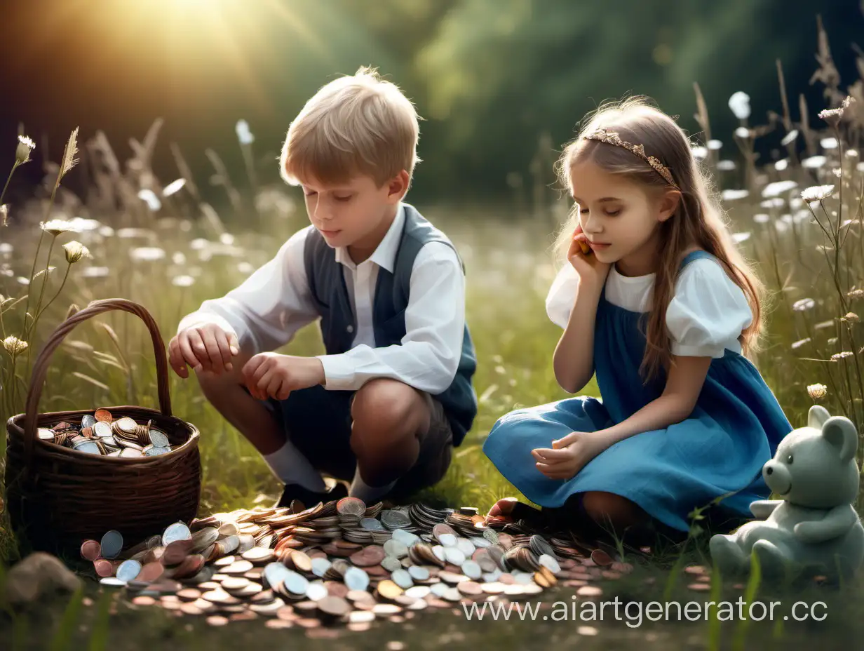 Мальчик и девочка сидят возле кучи монет и драгоценностей на сказочной поляне