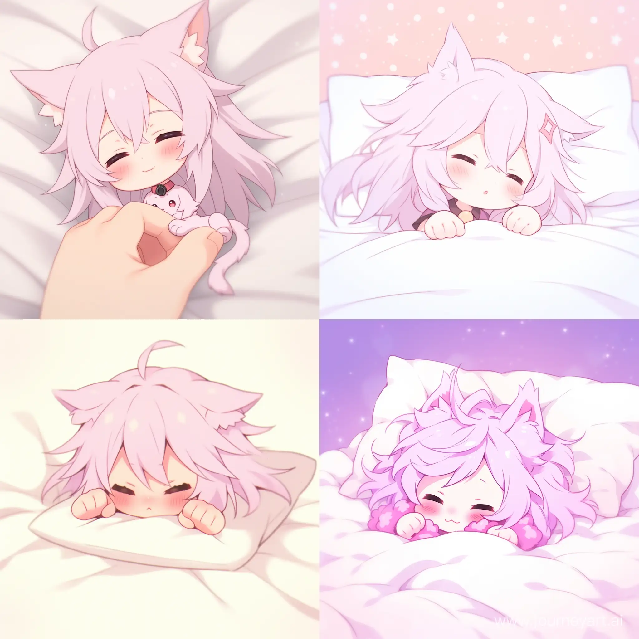 a girl sleep on the bed, full shot, carefree pose, drooling, pink hair, pointy ears, long hair, spreaded hair, bare shoulders, anime style, cute, chibi style, sleep on the bed, carefree pose, drooling, full shot  --niji 5 --q 2 