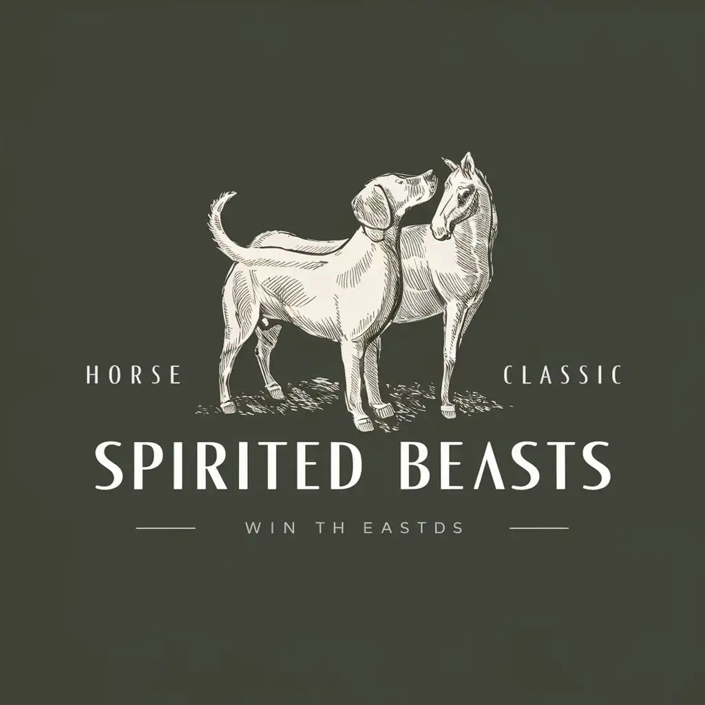 logo, dog and horse, playful, illustration, vintage, classic, with the text "Spirited Beasts", typography