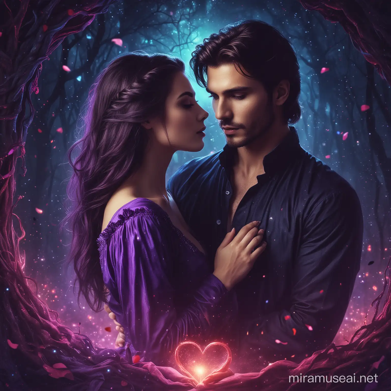 mysterious handsome man in love with beautiful young woman,  mystical world, dark colorful