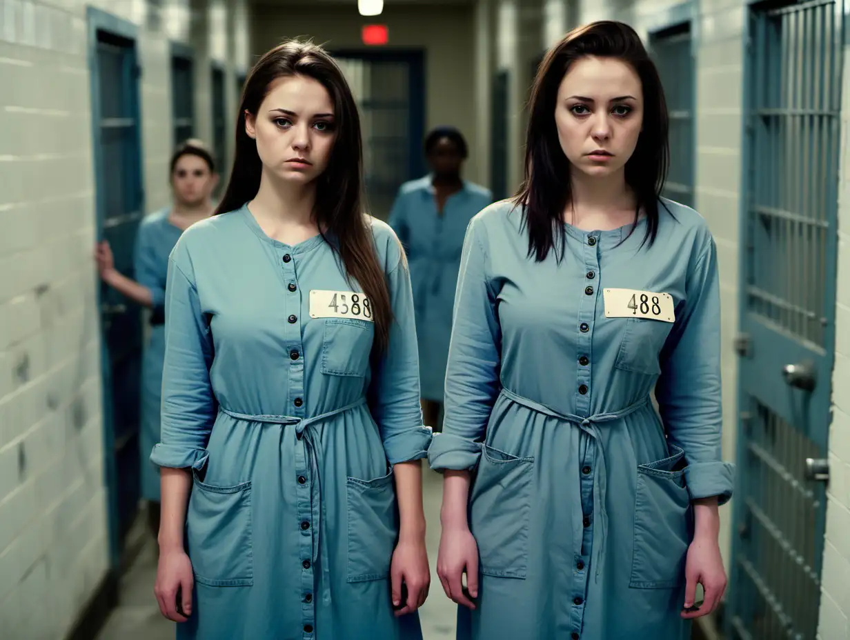 Two of busty prisoner woman (20 years old, same dress) stand (far from each other) in a prison corridor in dirty ragged paleblue longsleeve midi-length buttoned gowndress (, a "4388" label on chest pocket, brunette tied back hair, collarless, roundneck, sad and ashamed ), look into camera
